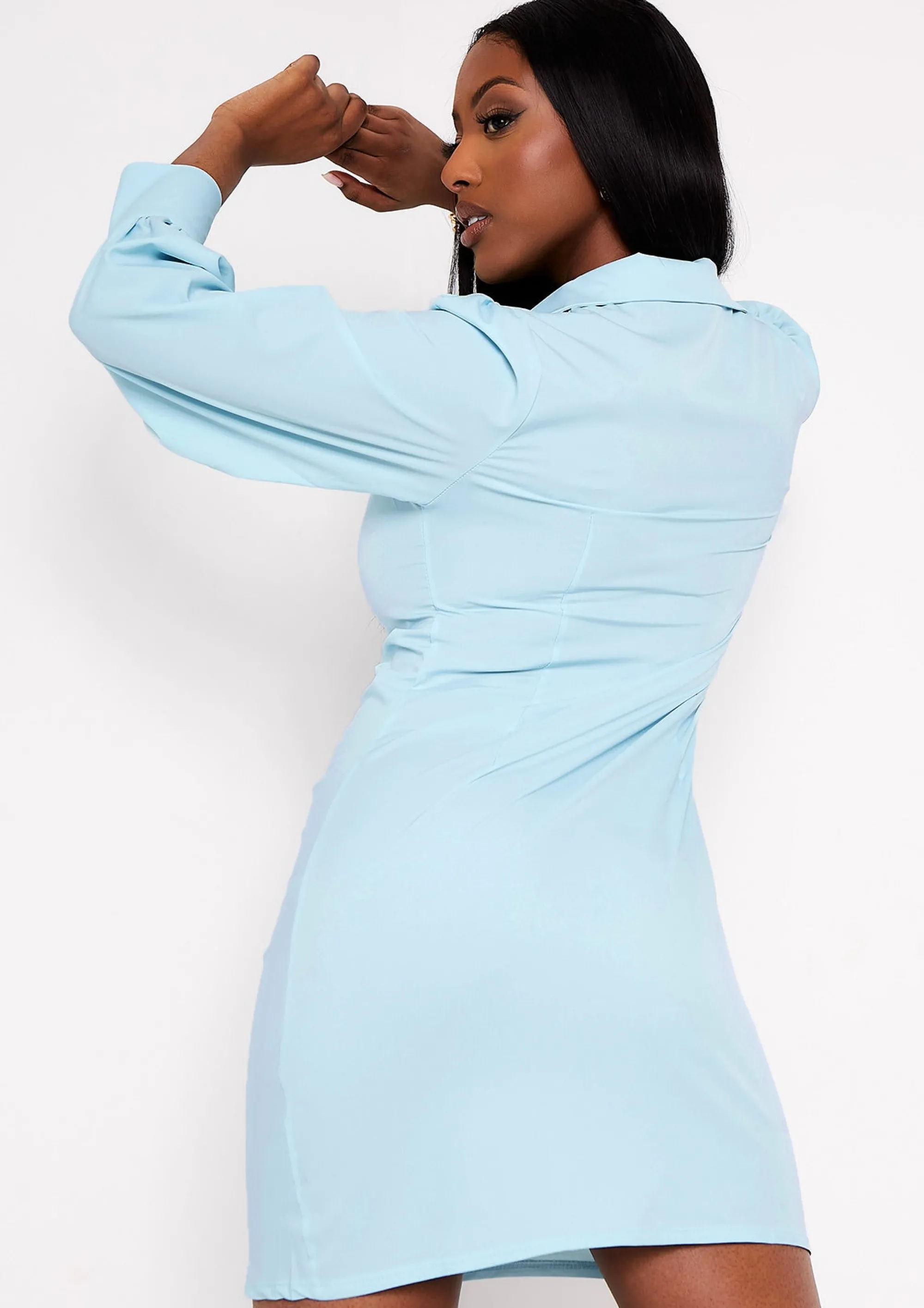 Missy Empire Maria Blue Ruched Front Shirt Dress^Women Dresses