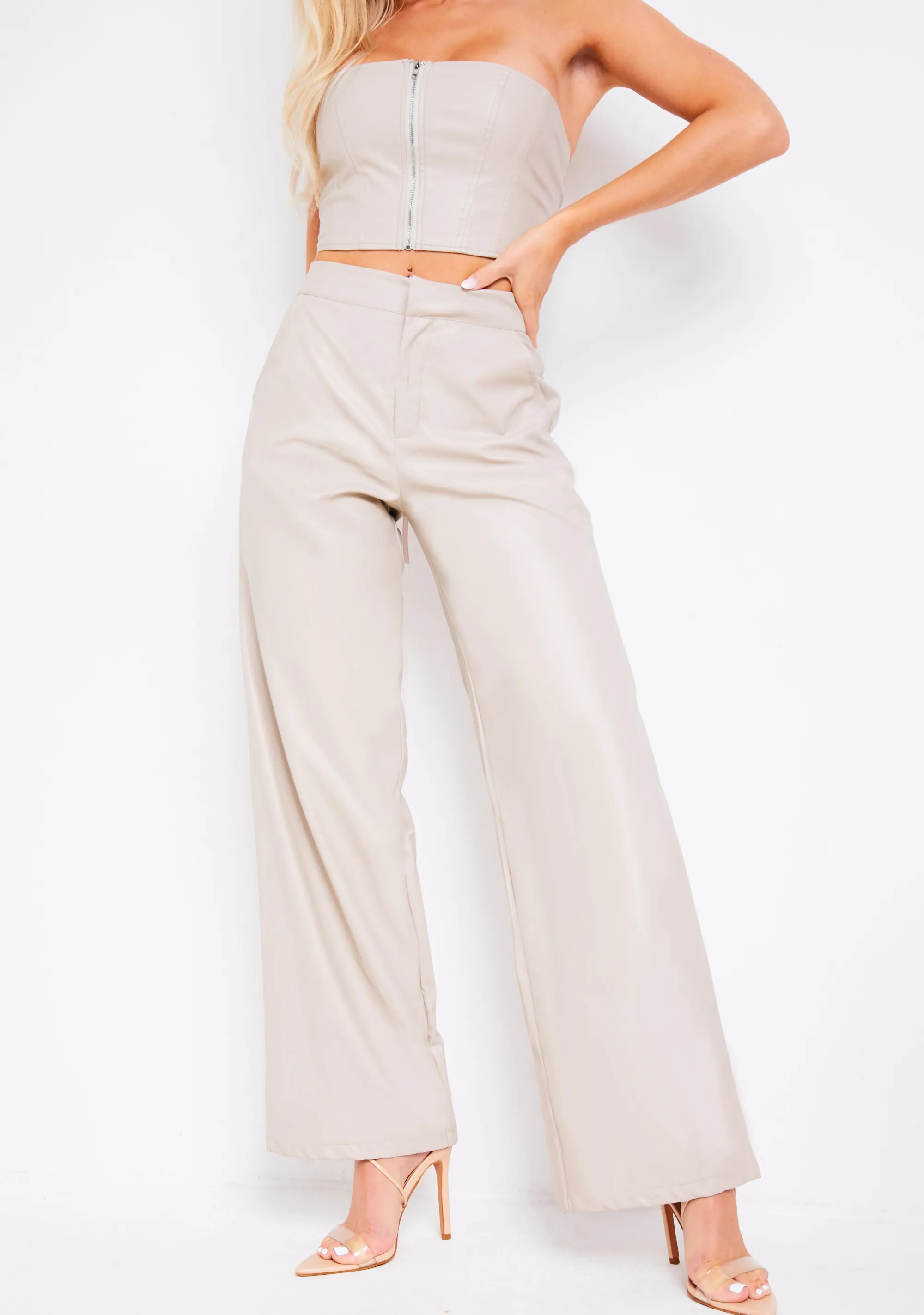 Missy Empire Marla Cream Pu Straight Leg Trouser^Women Trousers