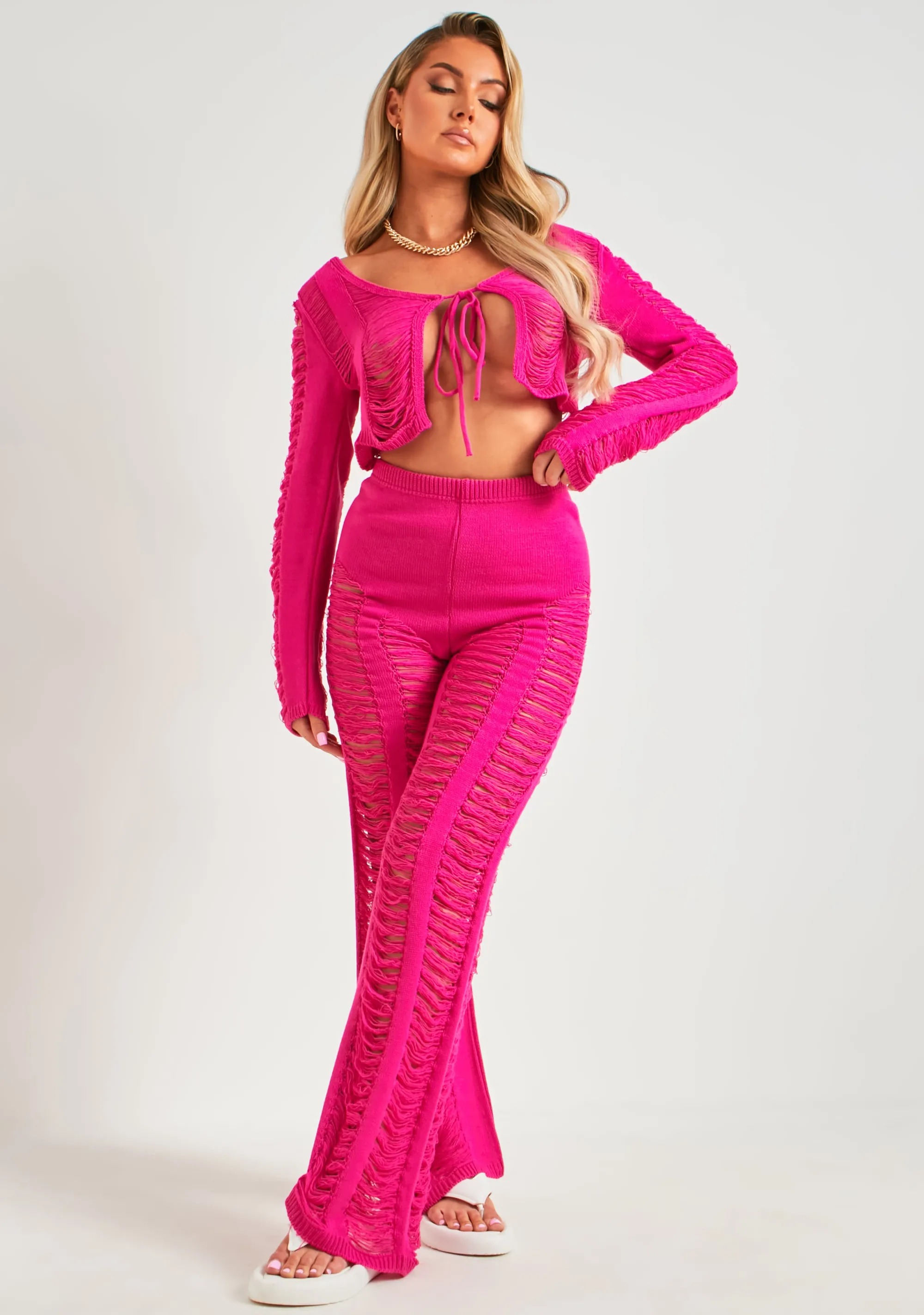 Missy Empire Marla Pink Laddered Knitted Trousers^Women Trousers