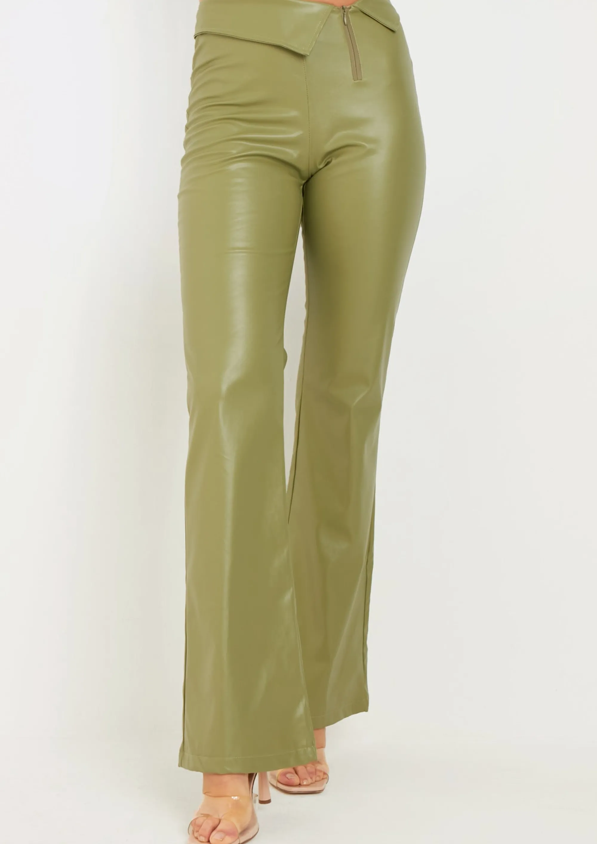 Missy Empire Marlowe Green Folder Over Faux Leather Flare Trouser^Women Trousers