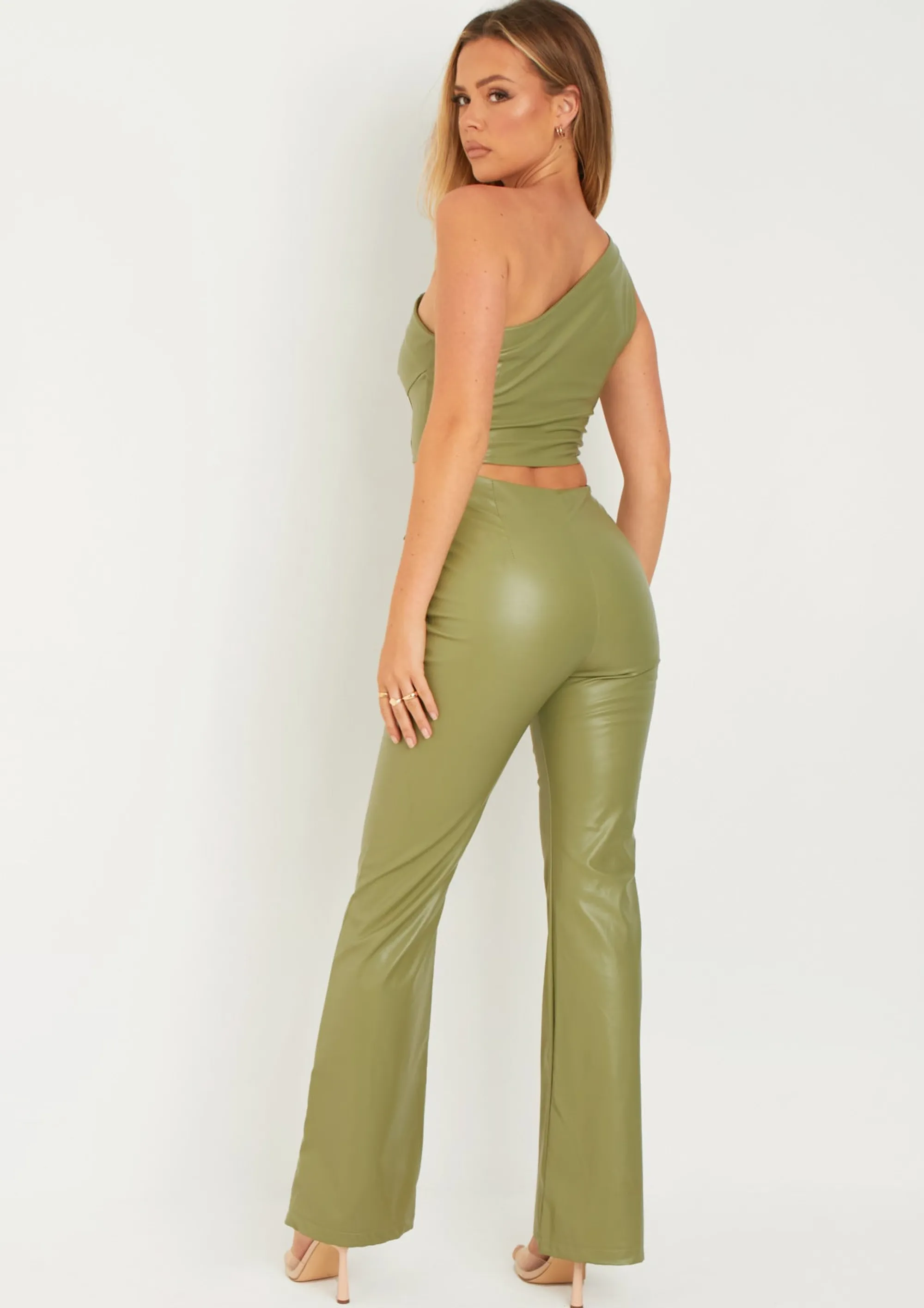 Missy Empire Marlowe Green Folder Over Faux Leather Flare Trouser^Women Trousers