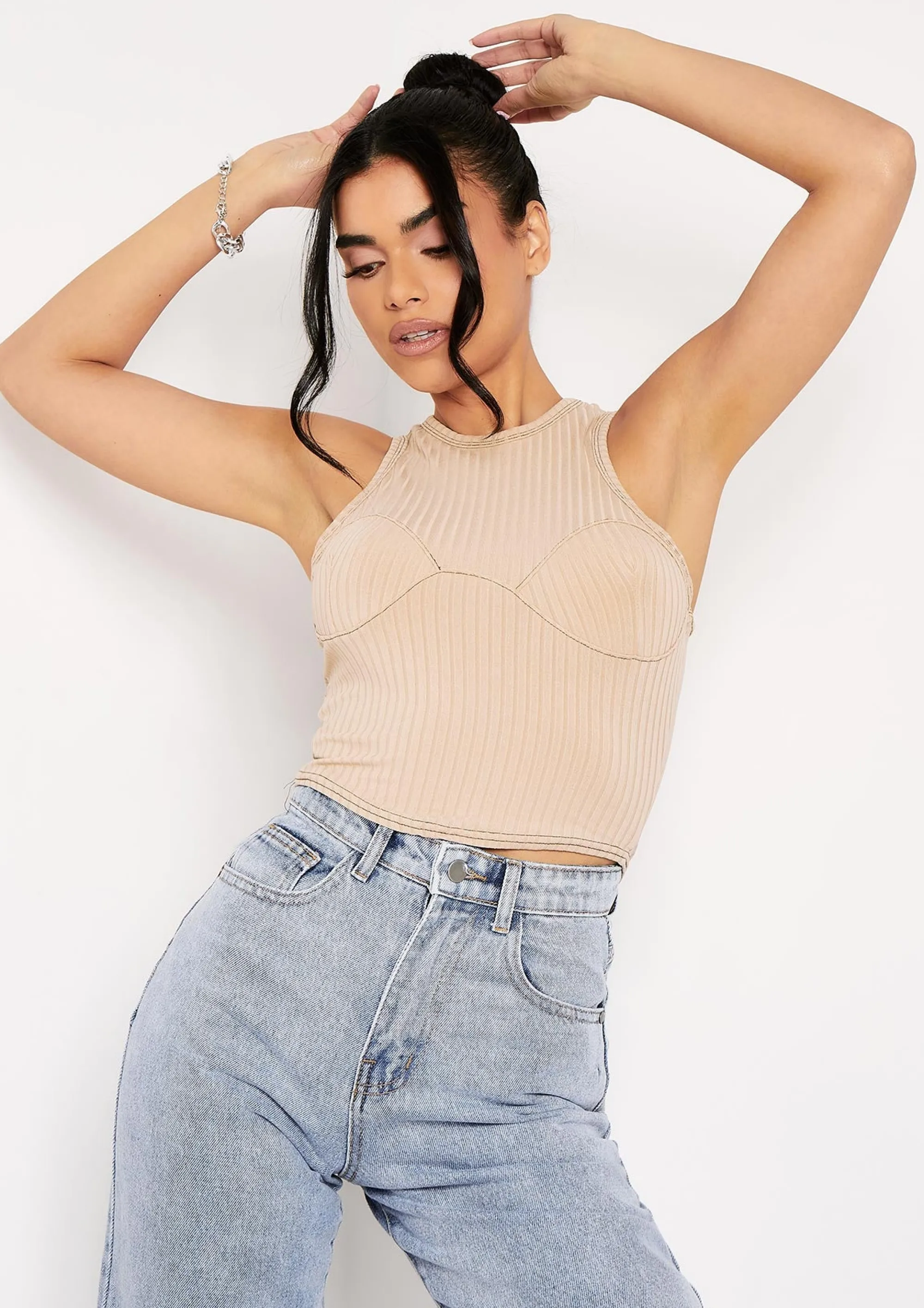 Missy Empire Marni Beige Contrast Stitch Cupped Racer Ribbed Crop Top Cheap