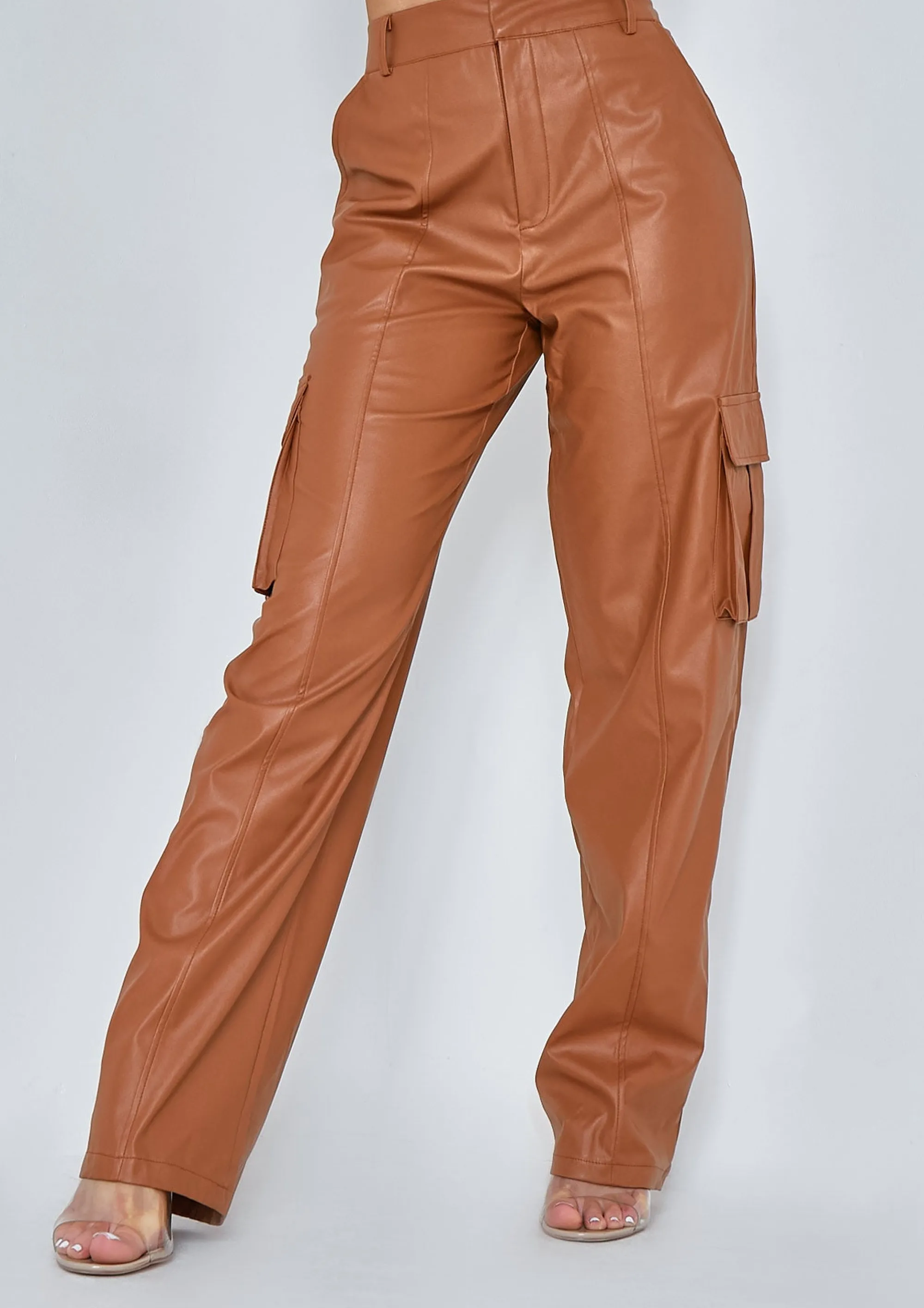 Missy Empire Marnie Camel Pu Cargo Trousers^Women Trousers