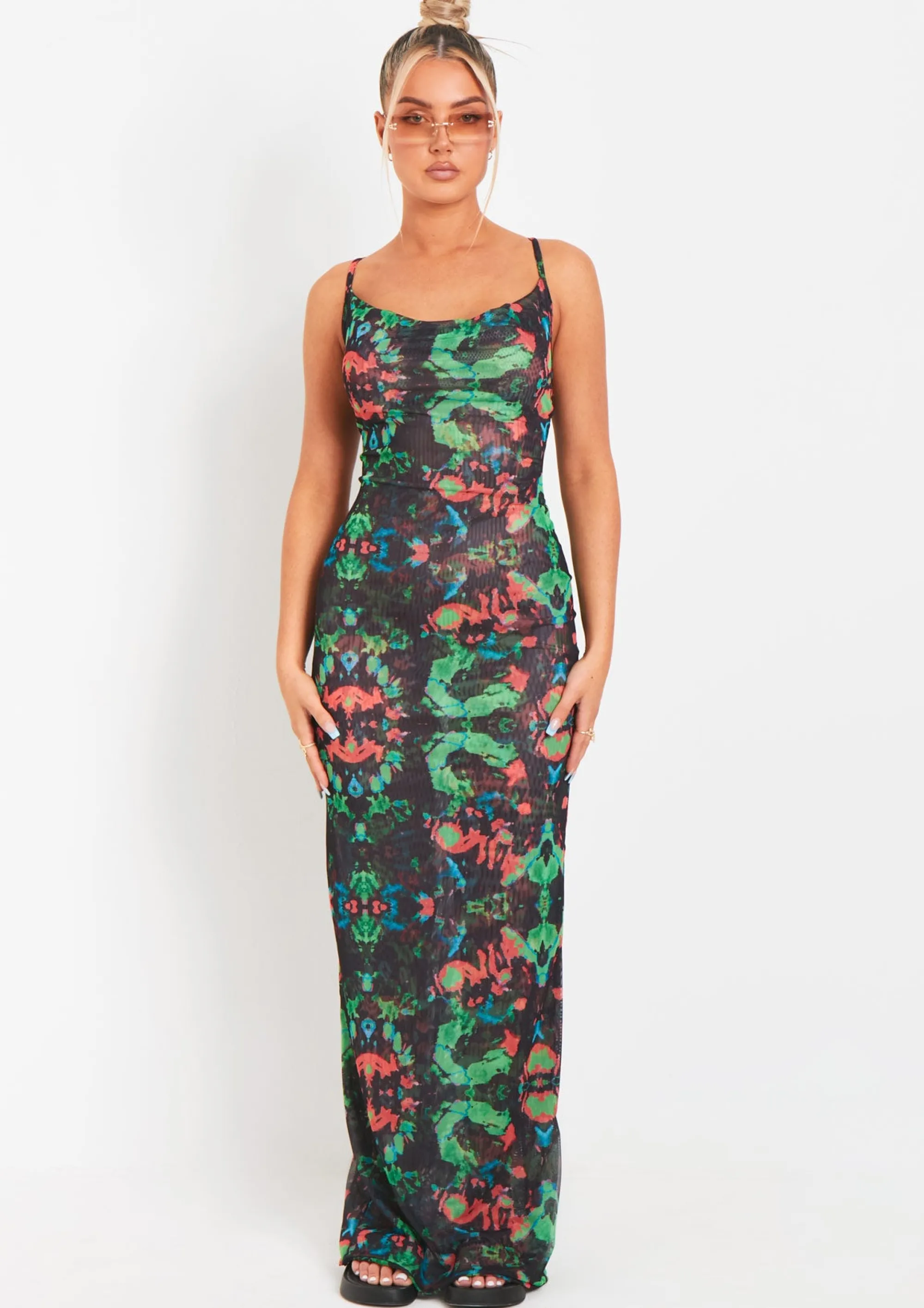 Missy Empire Marty Black Abstract Printed Mesh Cowl Neck Maxi Dress^Women Dresses