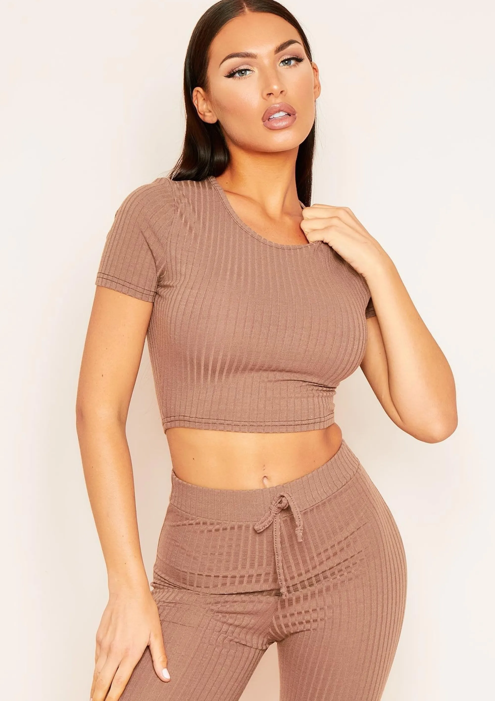 Missy Empire Mary Mocha Mix & Match Rib Cropped T-Shirt Clearance