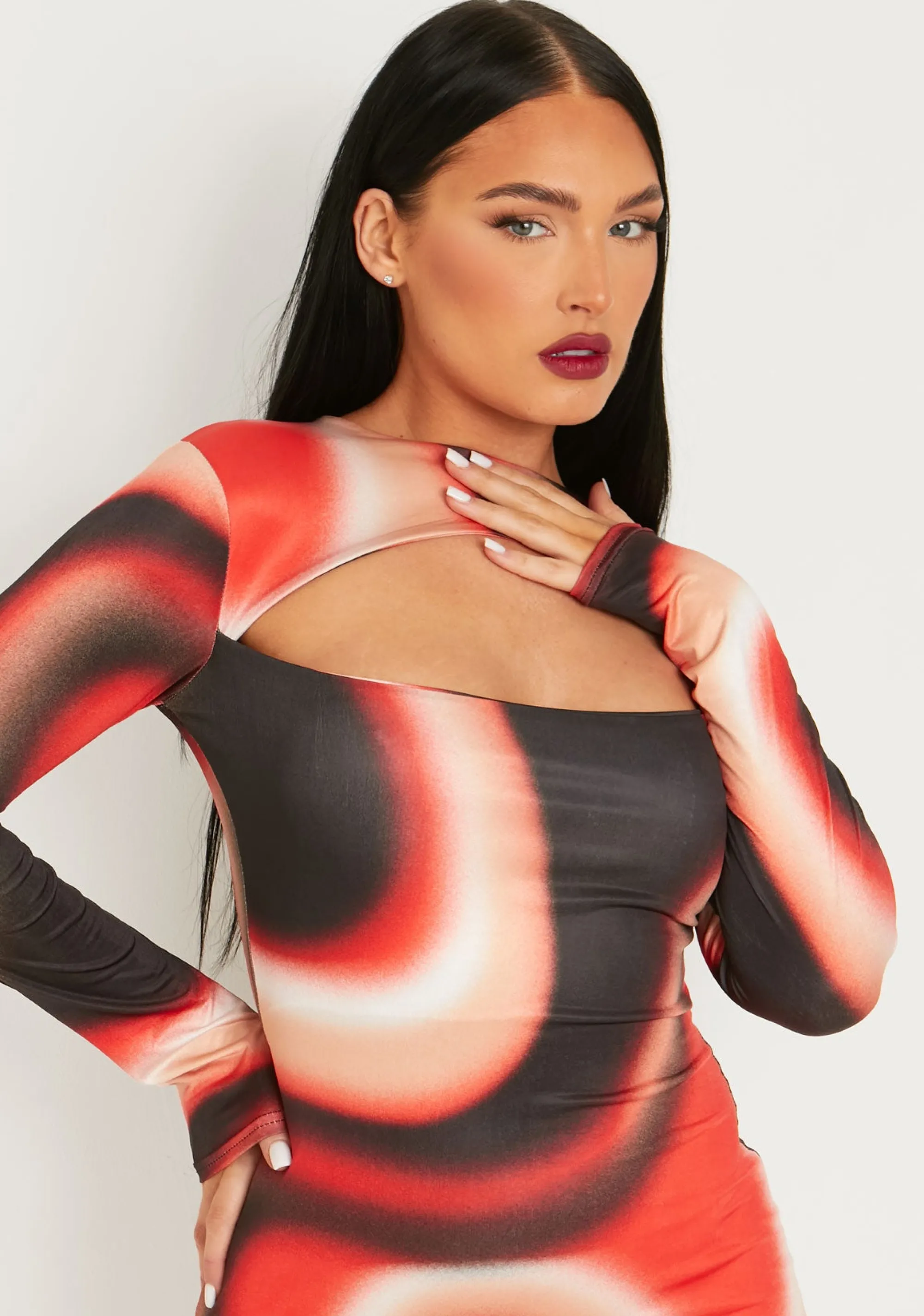 Missy Empire Maryse Red Printed Slinky Cut Out Long Sleeve Mini Dress^Women Dresses