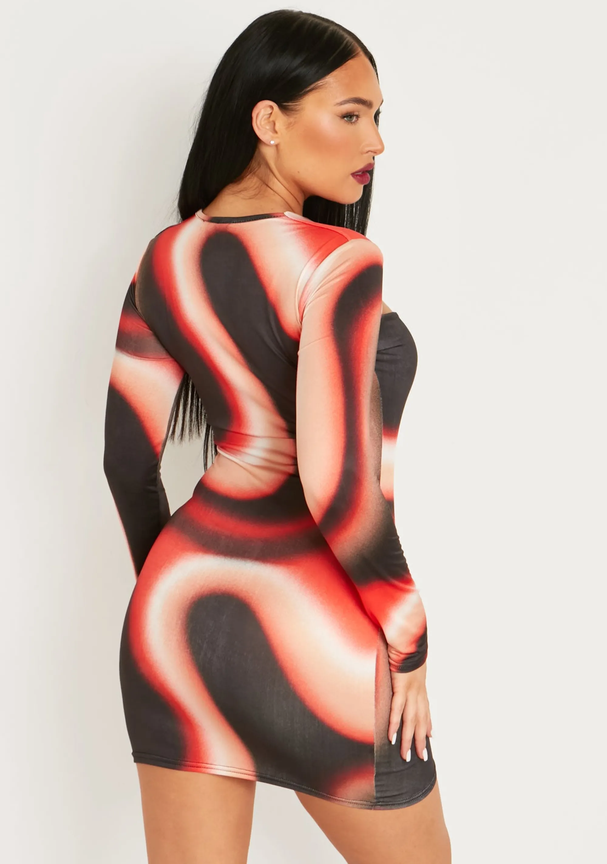 Missy Empire Maryse Red Printed Slinky Cut Out Long Sleeve Mini Dress^Women Dresses