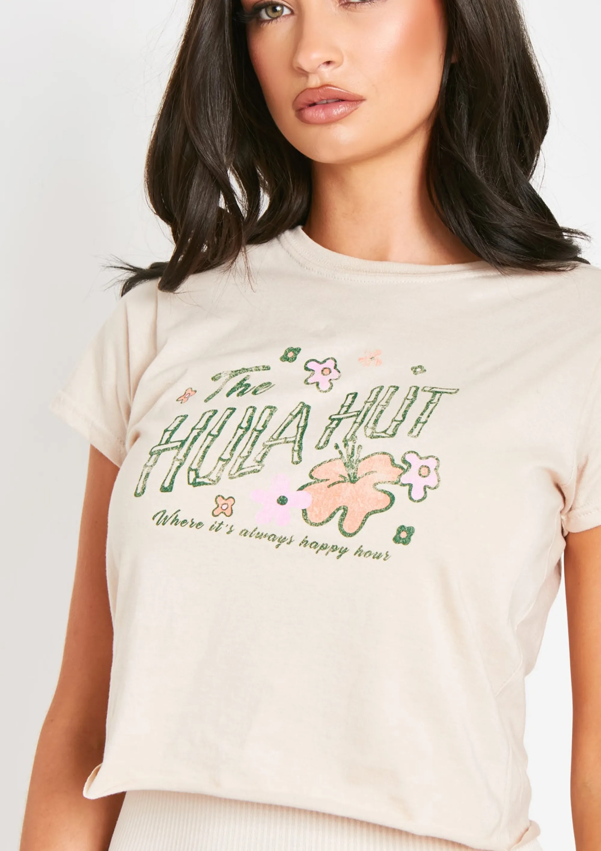 Missy Empire Maya Sand The Hula Hut Cropped Graphic T-Shirt Shop