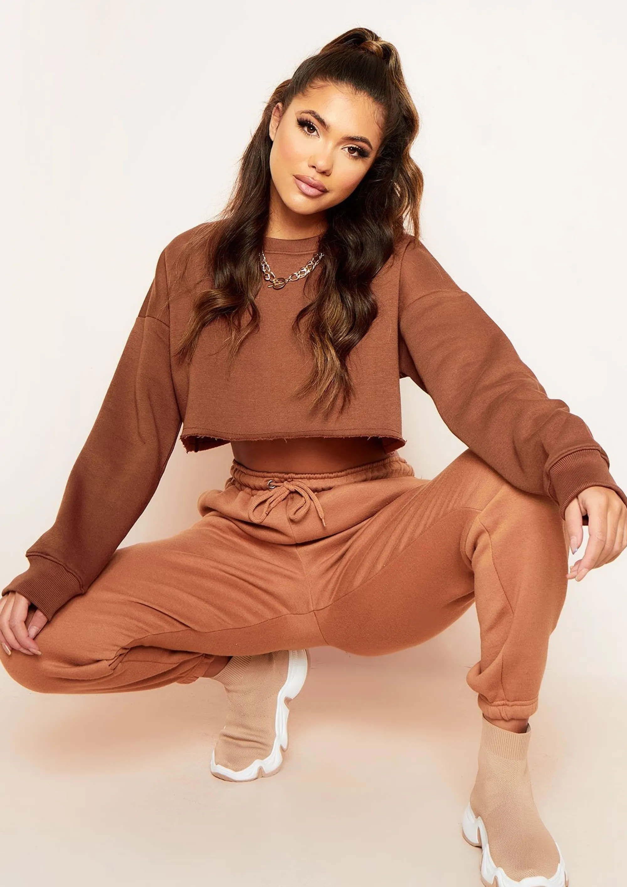 Missy Empire Melanie Chocolate Raw Hem Crew Neck Cropped Sweater Store