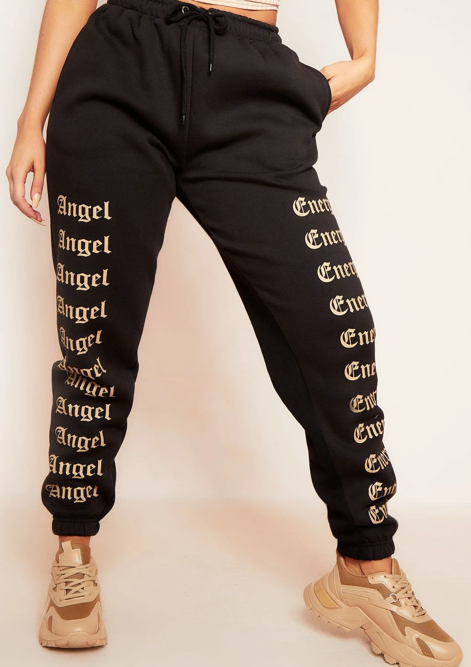 Missy Empire Melila Black And Beige Angel Energy Slogan Joggers^Women Loungewear