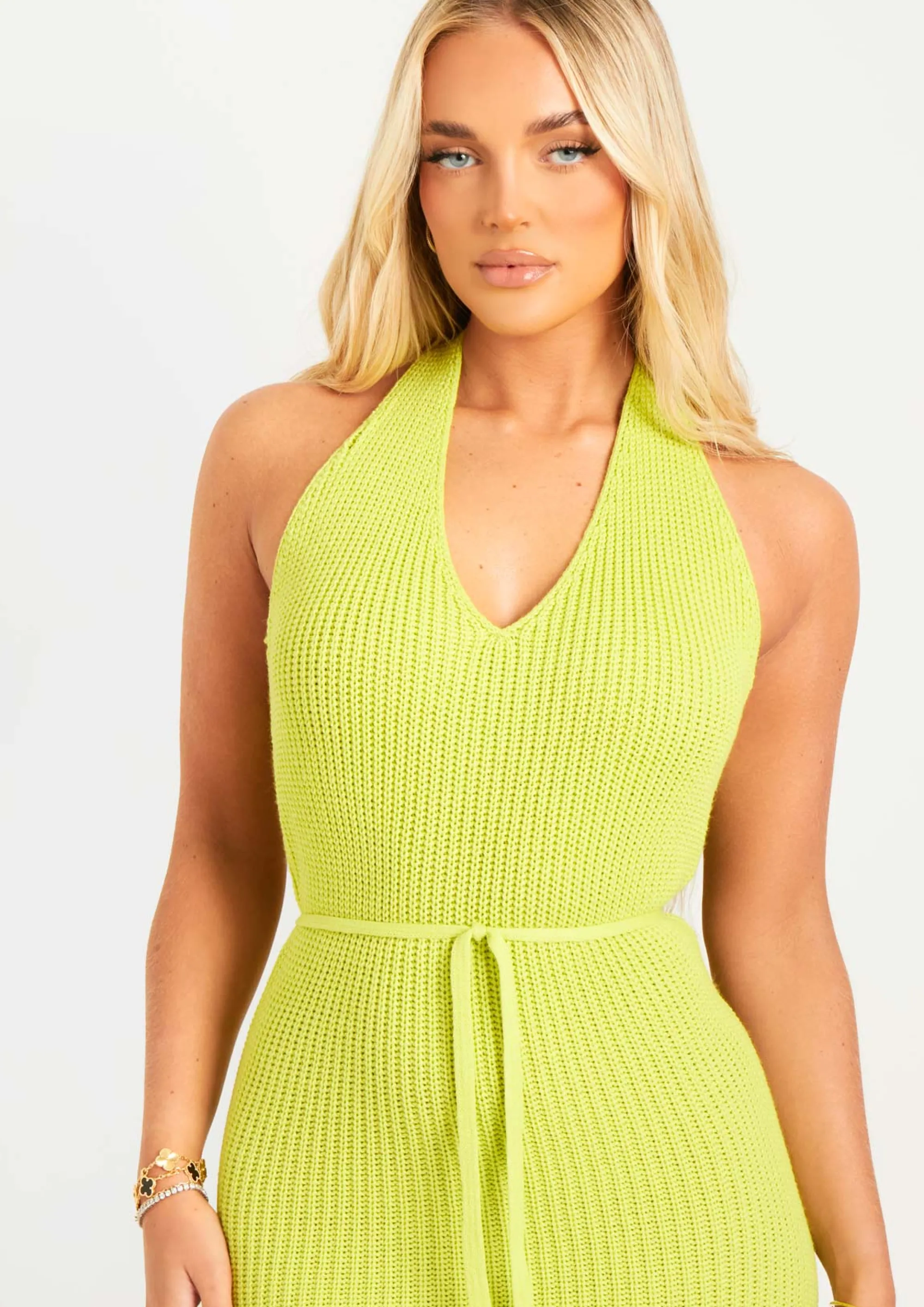 Missy Empire Melody Lime Knit Halter Neck Midi Dress^Women Dresses