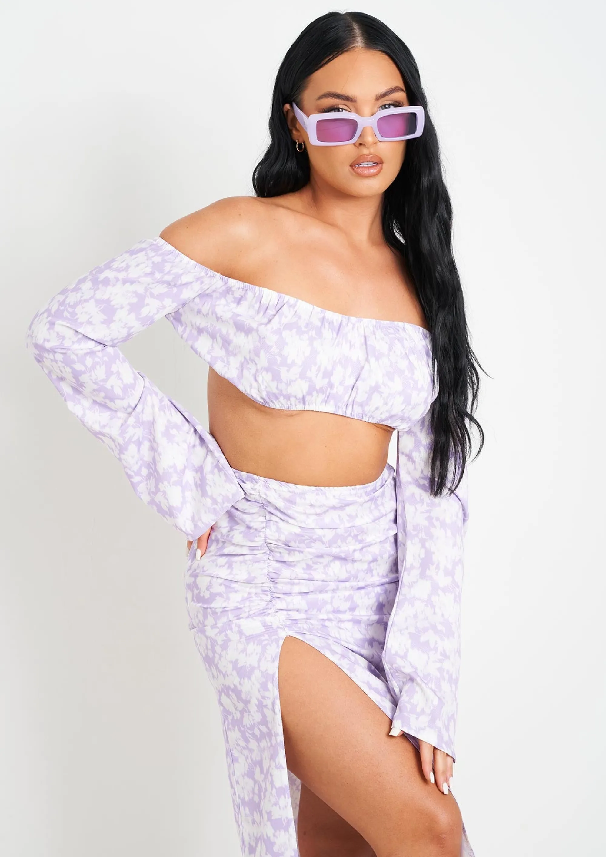 Missy Empire Meriah Lilac Floral Print Bardot Long Sleeve Crop Top Best