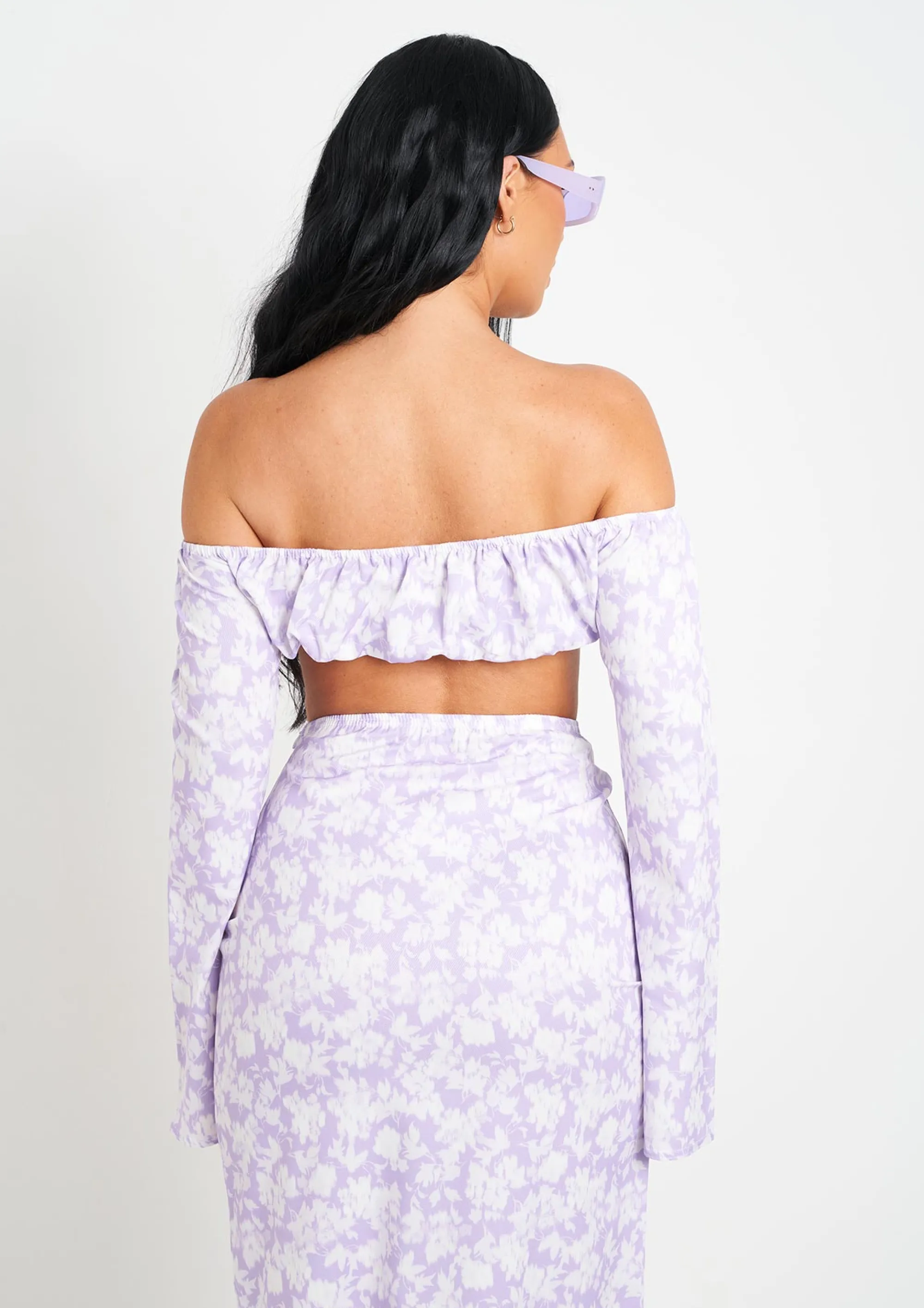 Missy Empire Meriah Lilac Floral Print Bardot Long Sleeve Crop Top Best