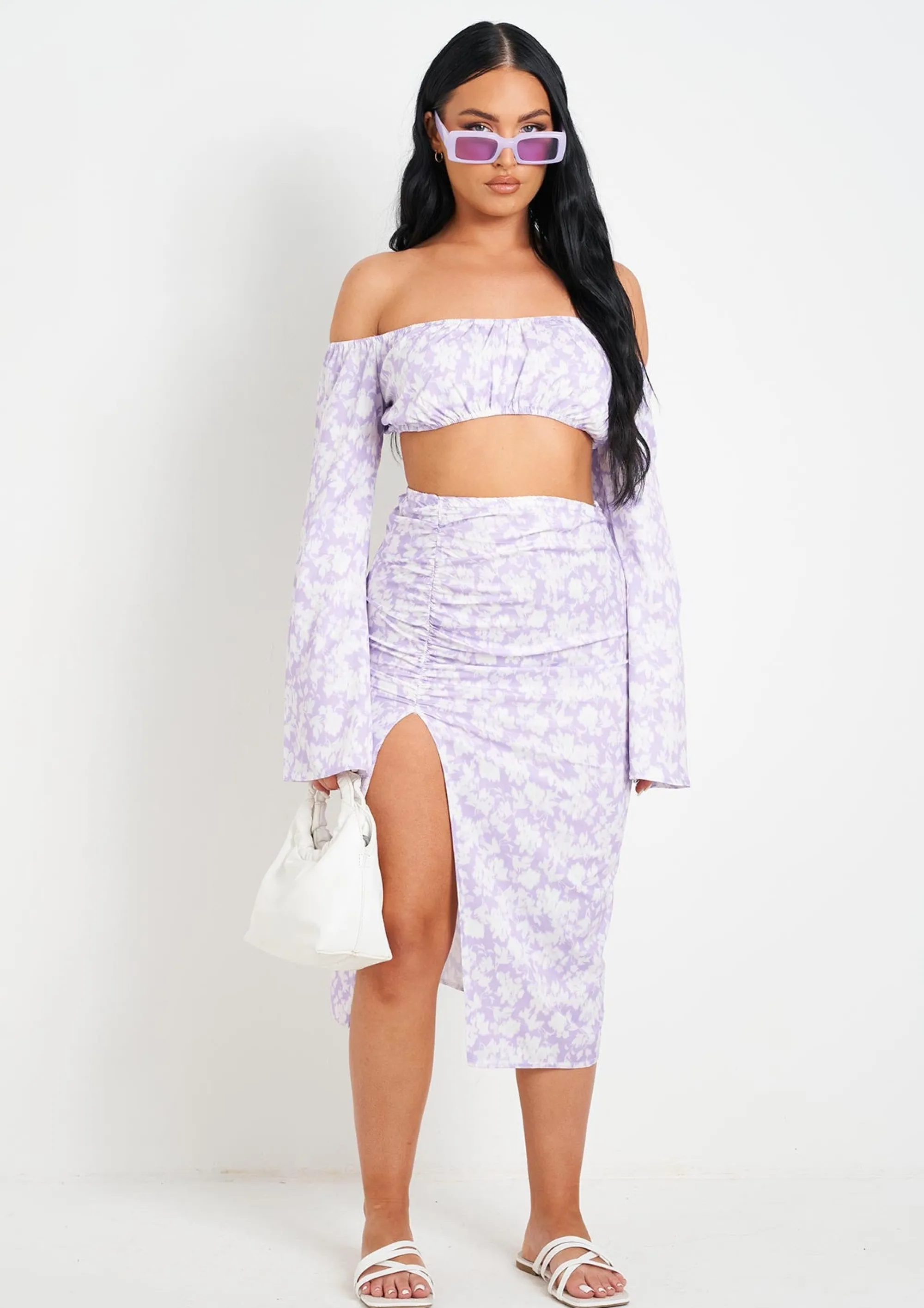 Missy Empire Meriah Lilac Floral Print Bardot Long Sleeve Crop Top Best