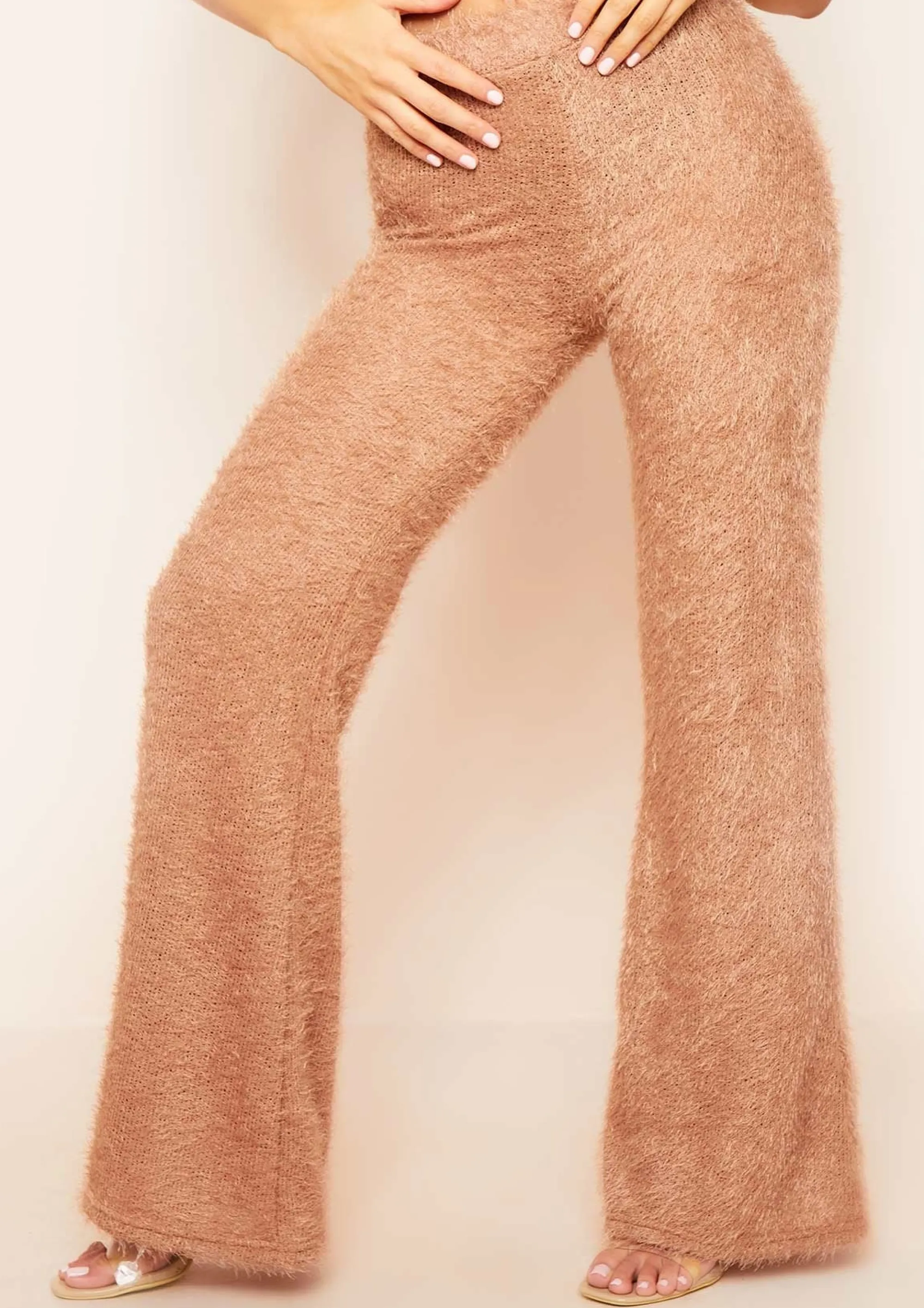 Missy Empire Meya Tan Fluffy Knit Wide Leg Trousers^Women Trousers