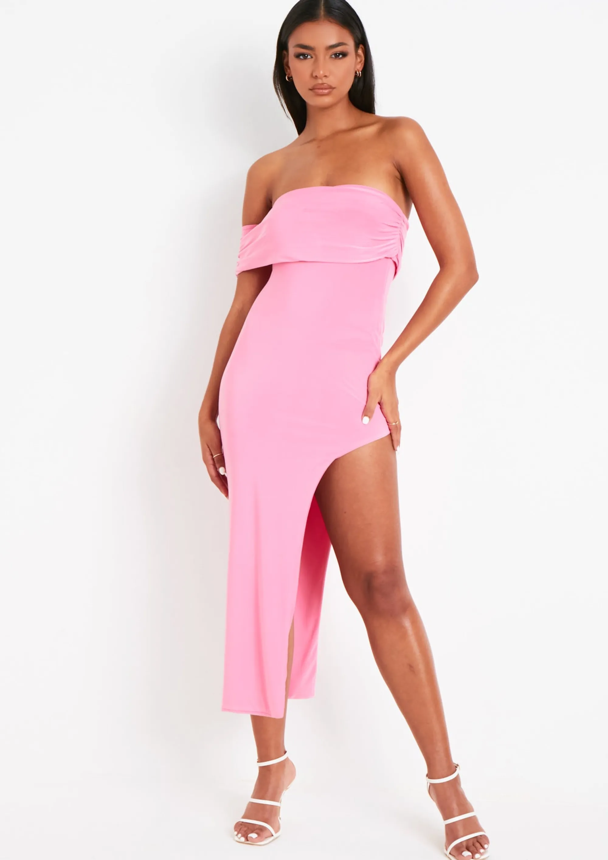 Missy Empire Milana Pink Bardot One Shoulder Midi Dress With Slit^Women Dresses