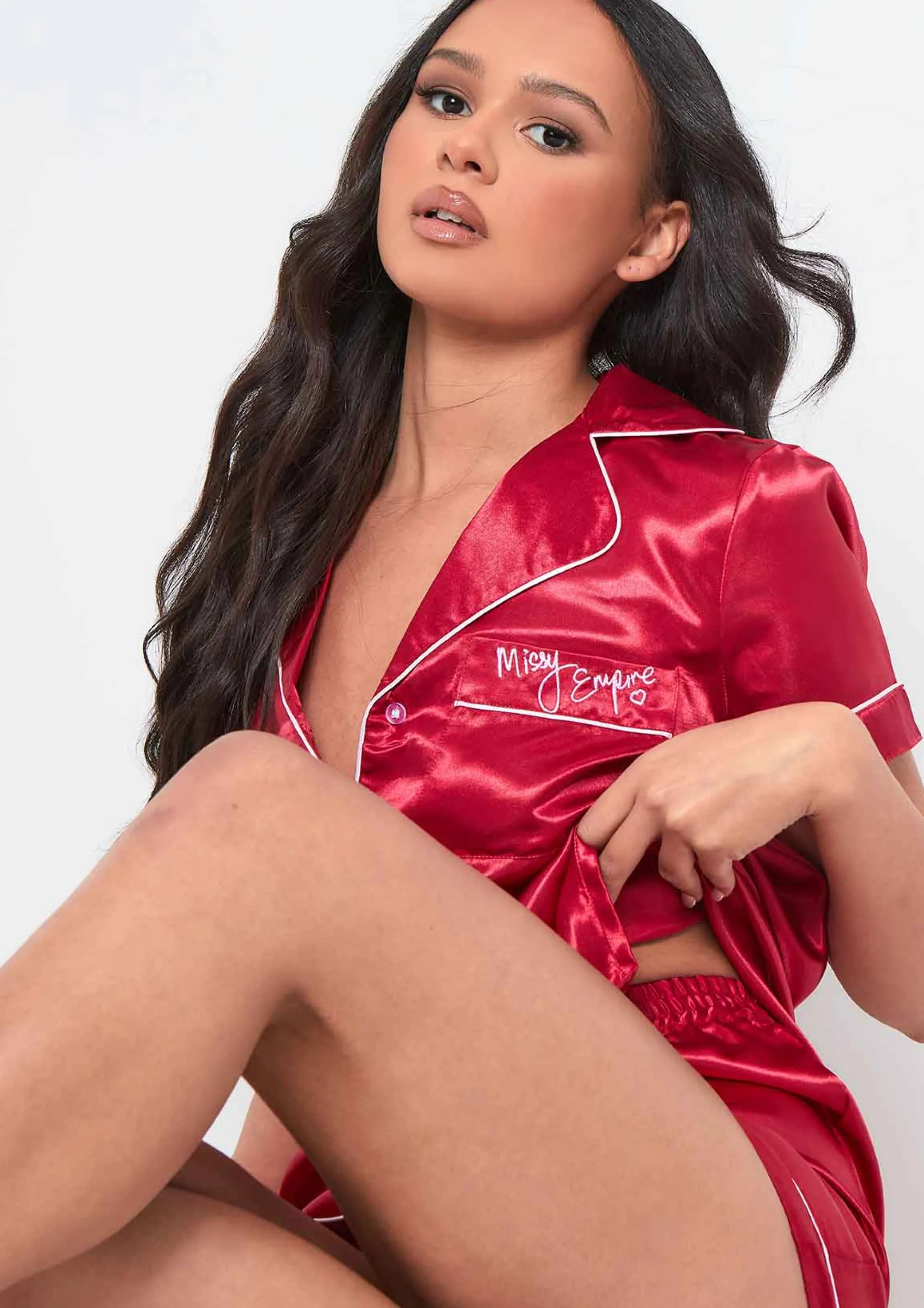 Missy Empire Miley Red Piping Detail Shorts Pyjama Set^Women Nightwear