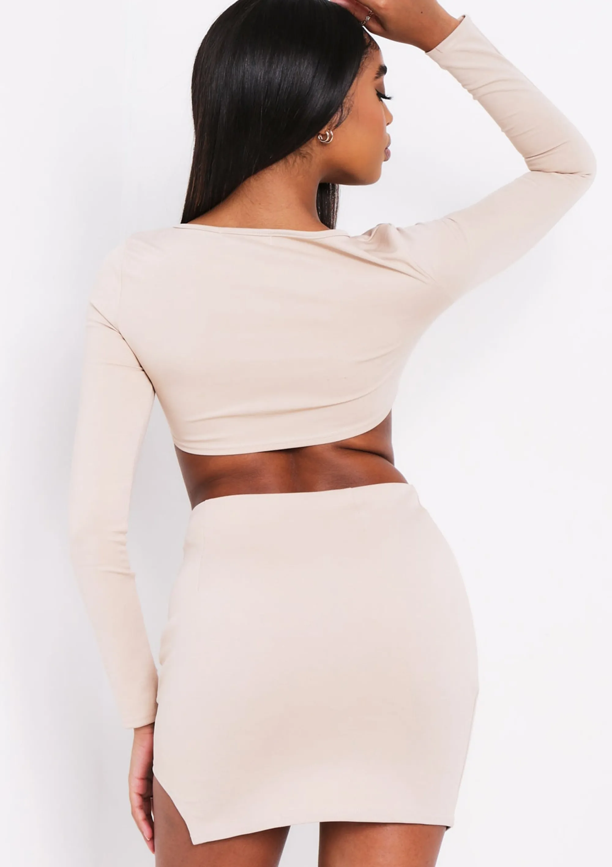 Missy Empire Mina Beige Tie Up Cut Out Long Sleeve Crop Top Fashion