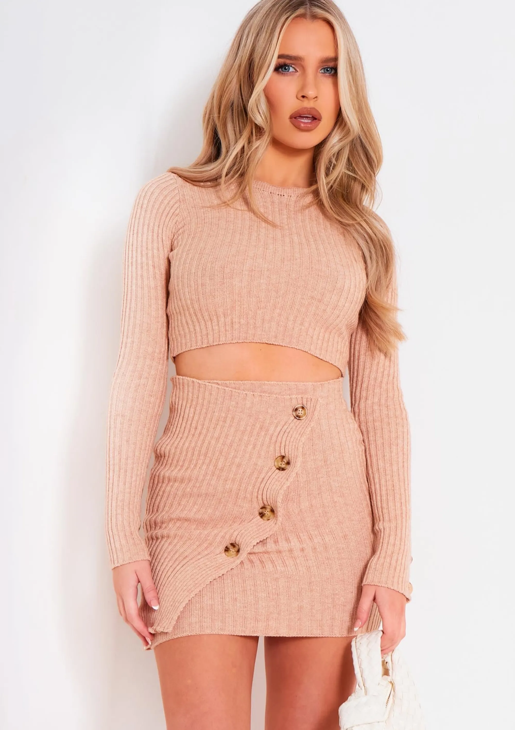 Missy Empire Mira Beige Rib Knit Long Sleeve Crop Top Store