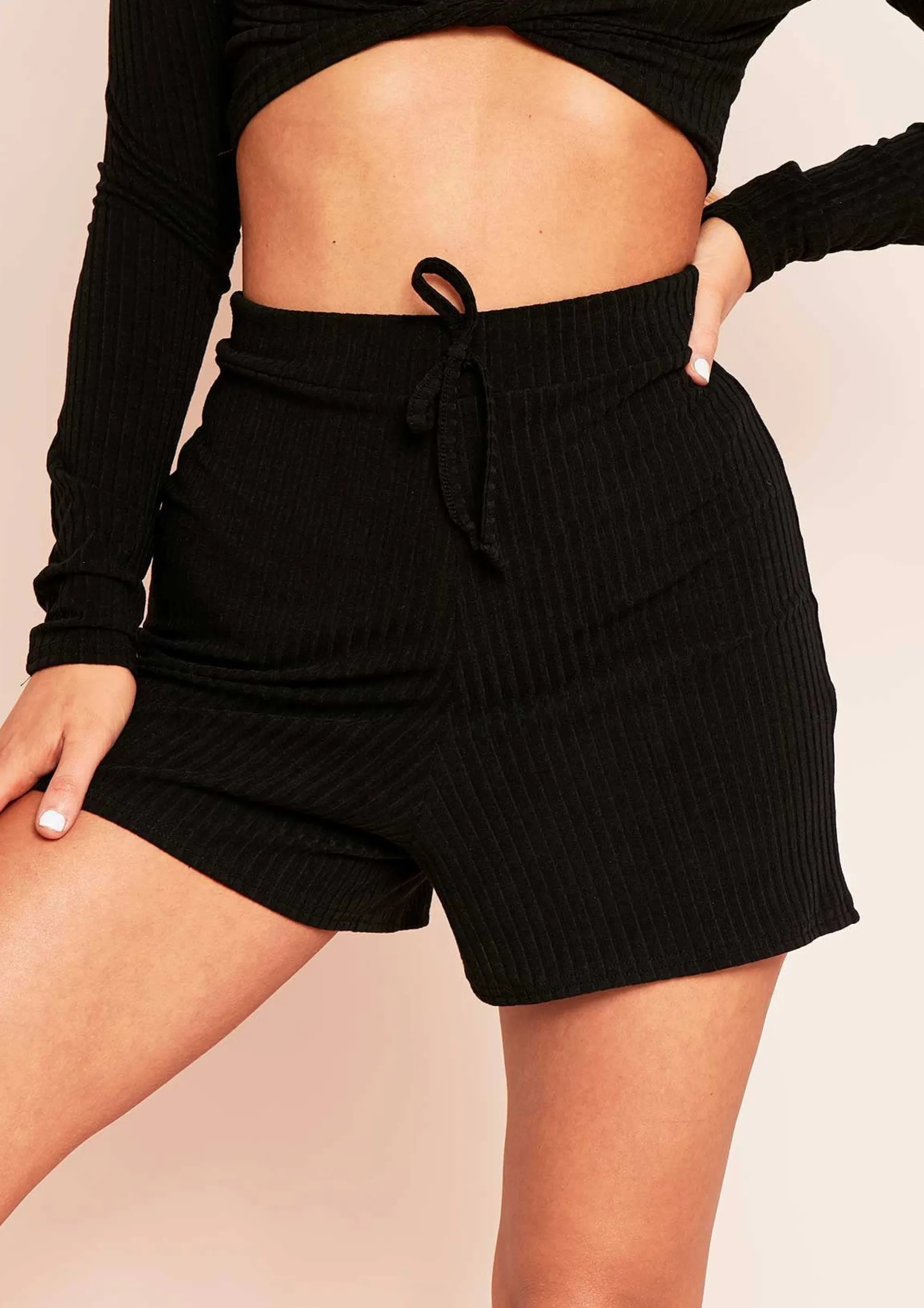 Missy Empire Mira Black Mix & Match Ribbed Tie Front Shorts^Women Shorts