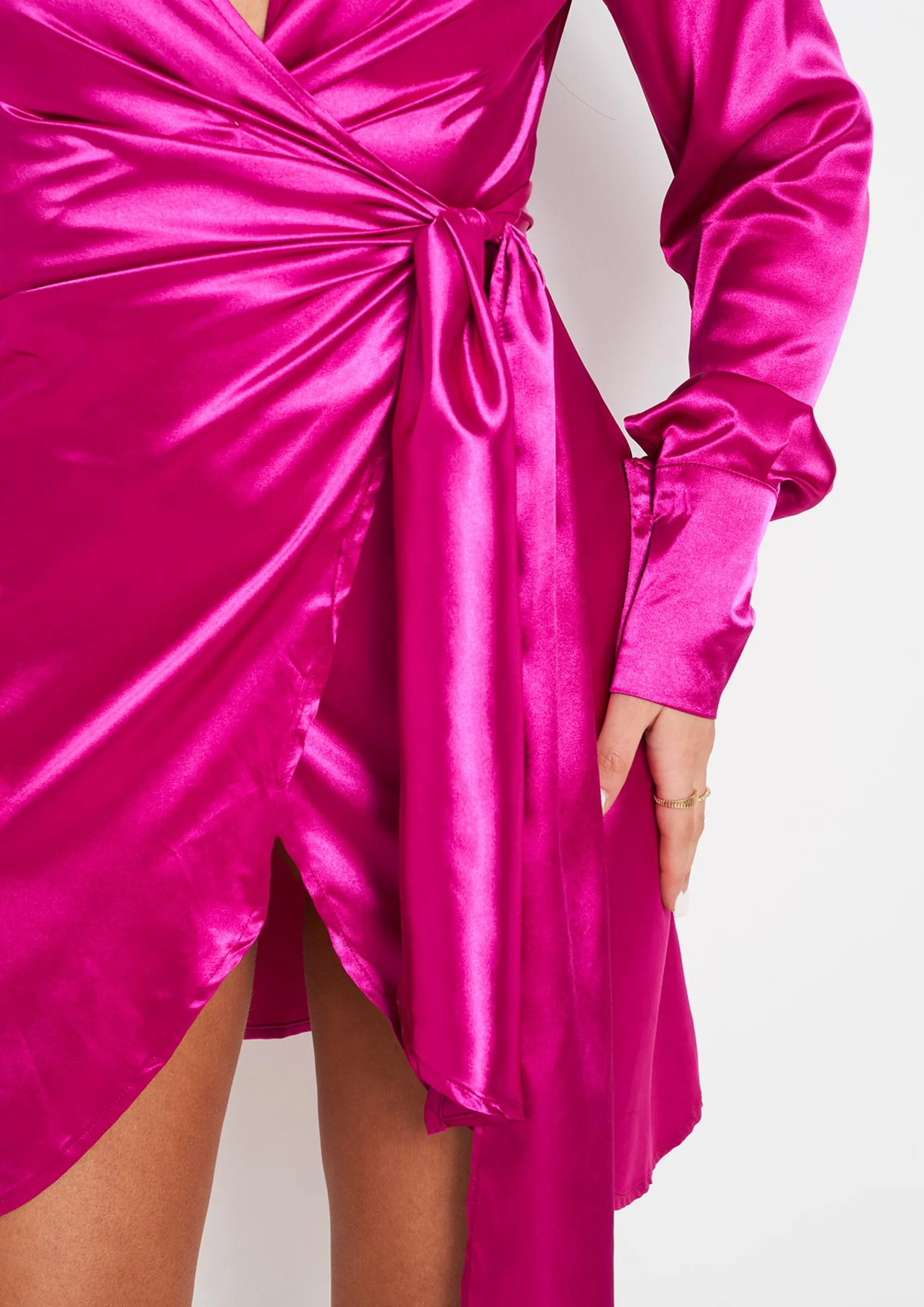 Missy Empire Mira Pink Satin Tie Waist Wrap Plunge Mini Dress^Women Dresses