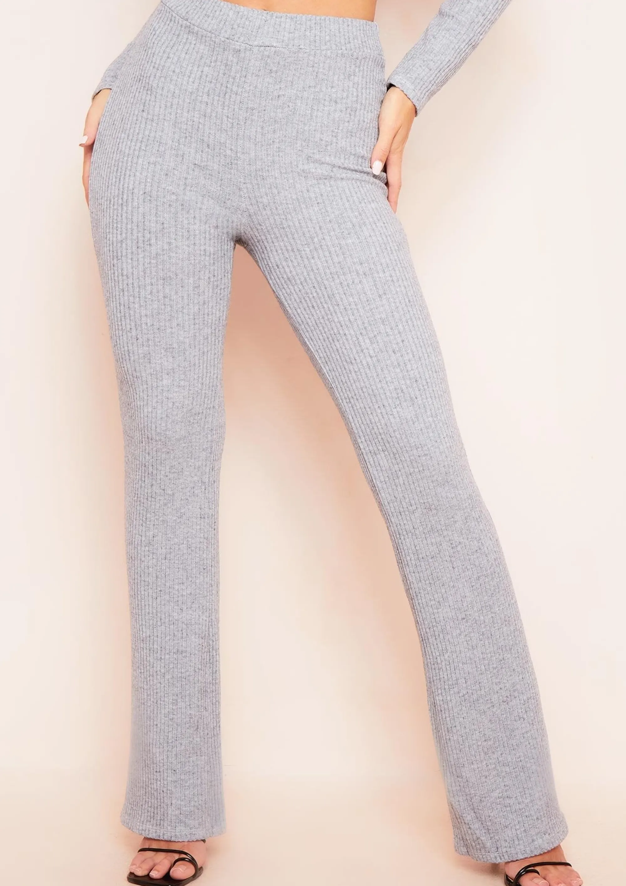 Missy Empire Miranda Light Grey Flare Brushed Ribbed Trousers^Women Trousers