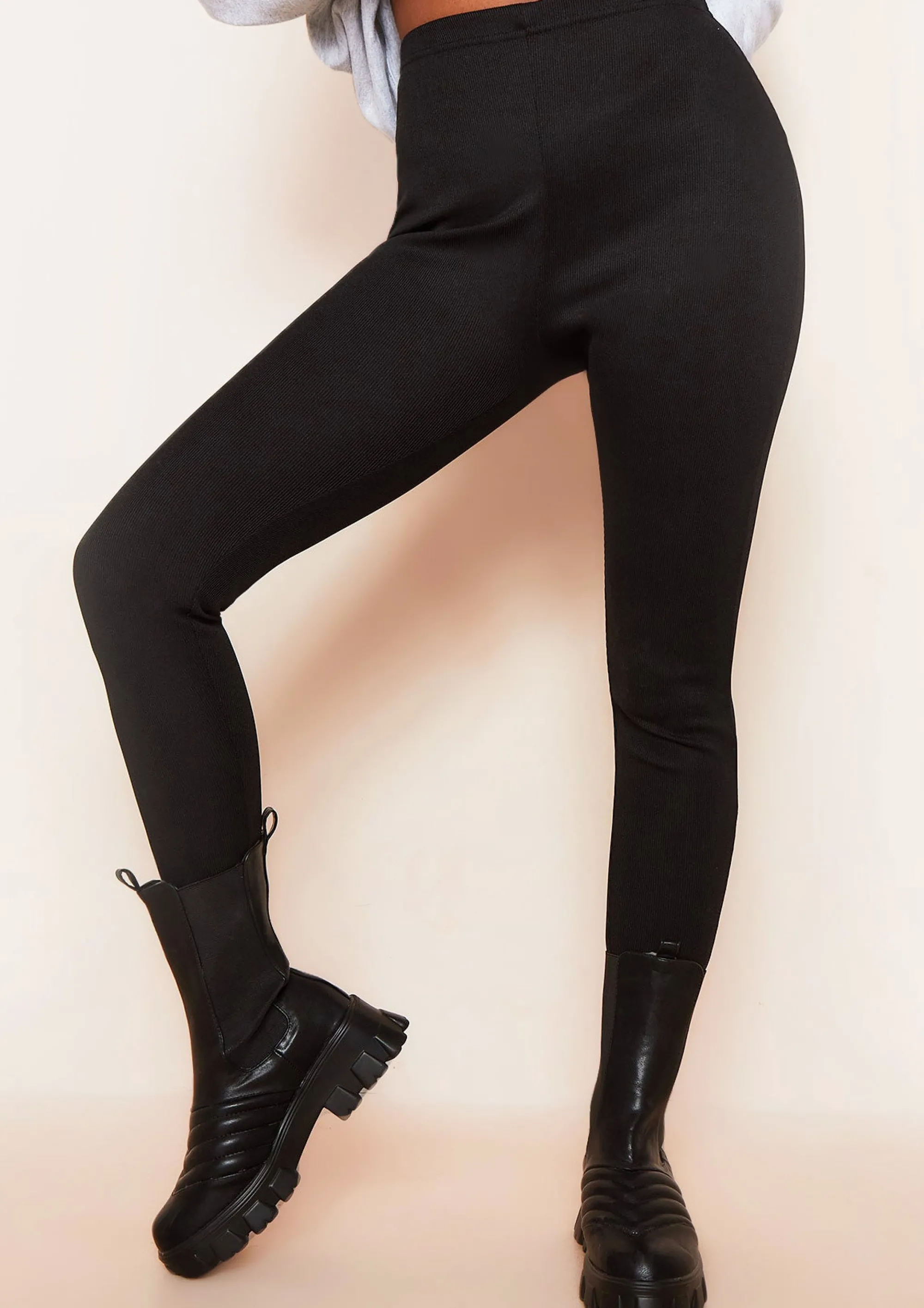 Missy Empire Misha Black Thick Ribbed High Waisted Leggings^Women Leggings