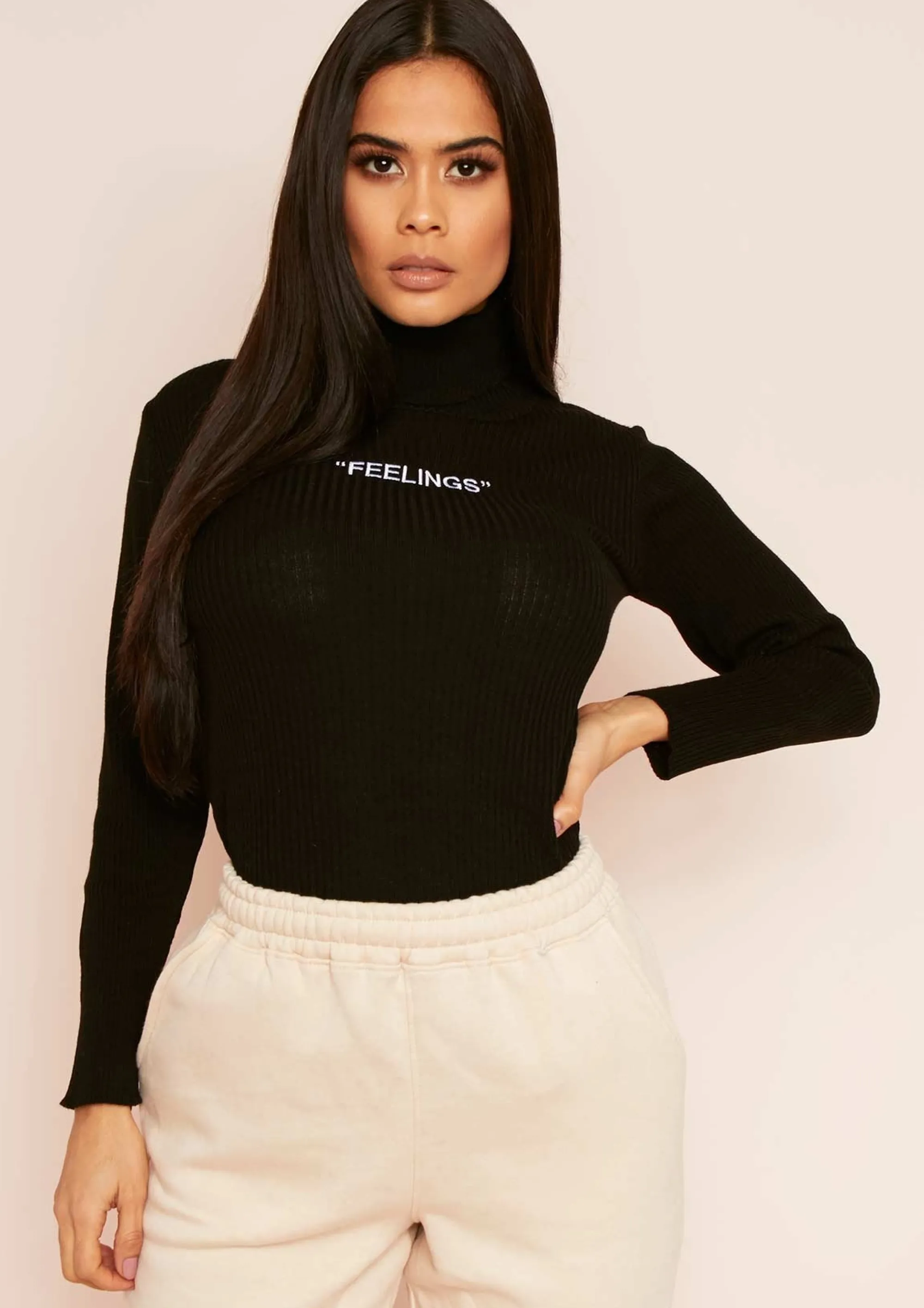 Missy Empire Mya Black Feelings Slogan Roll Neck Top Cheap