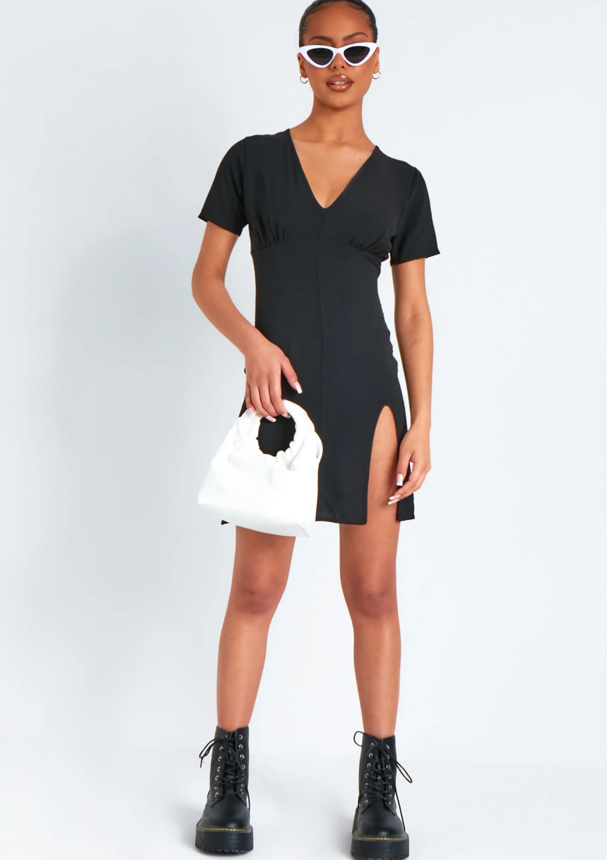 Missy Empire Myra Black Mini Tea Dress With Split^Women Dresses