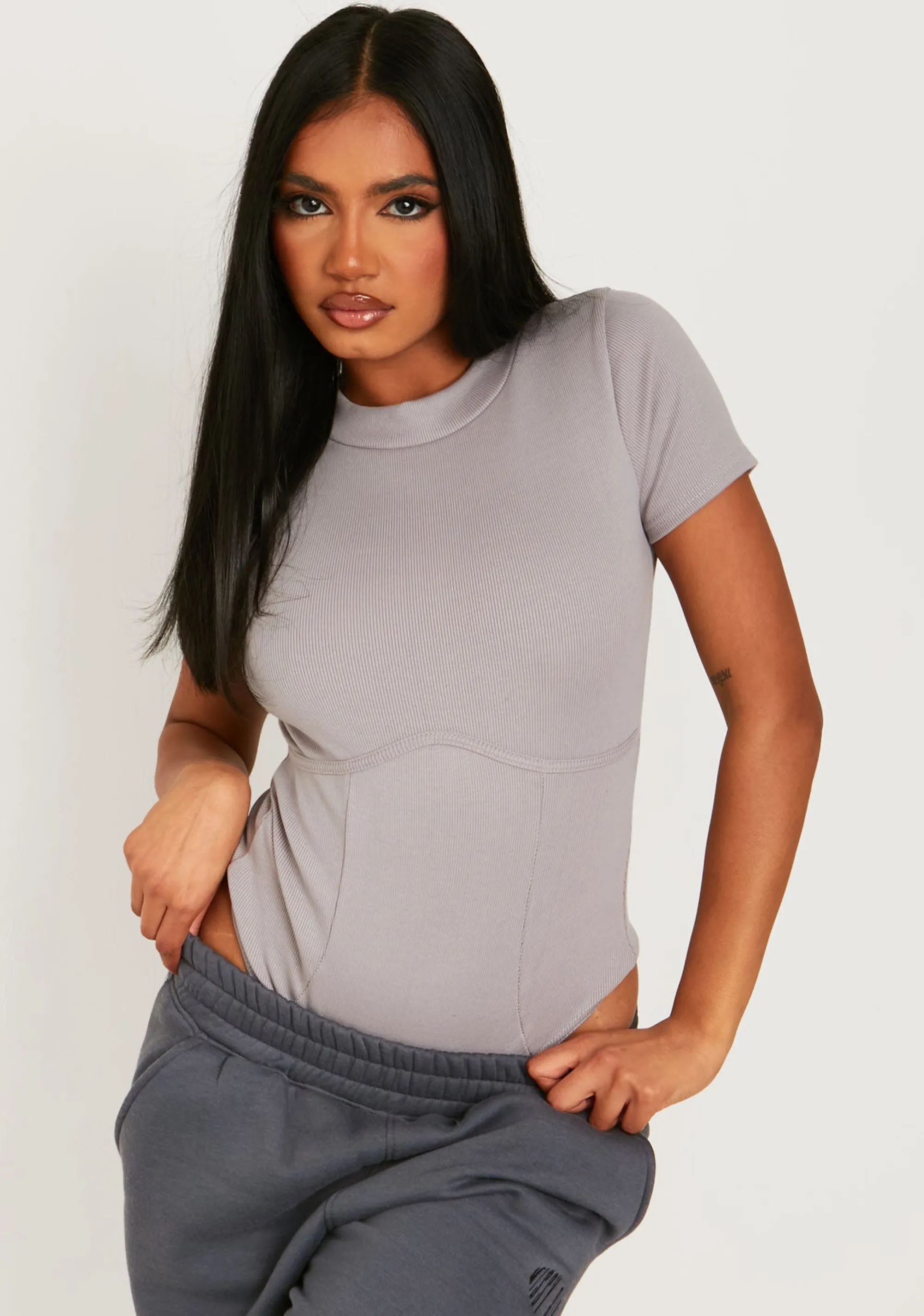 Missy Empire Naiya Grey Ribbed Structured Bodysuit Fashion