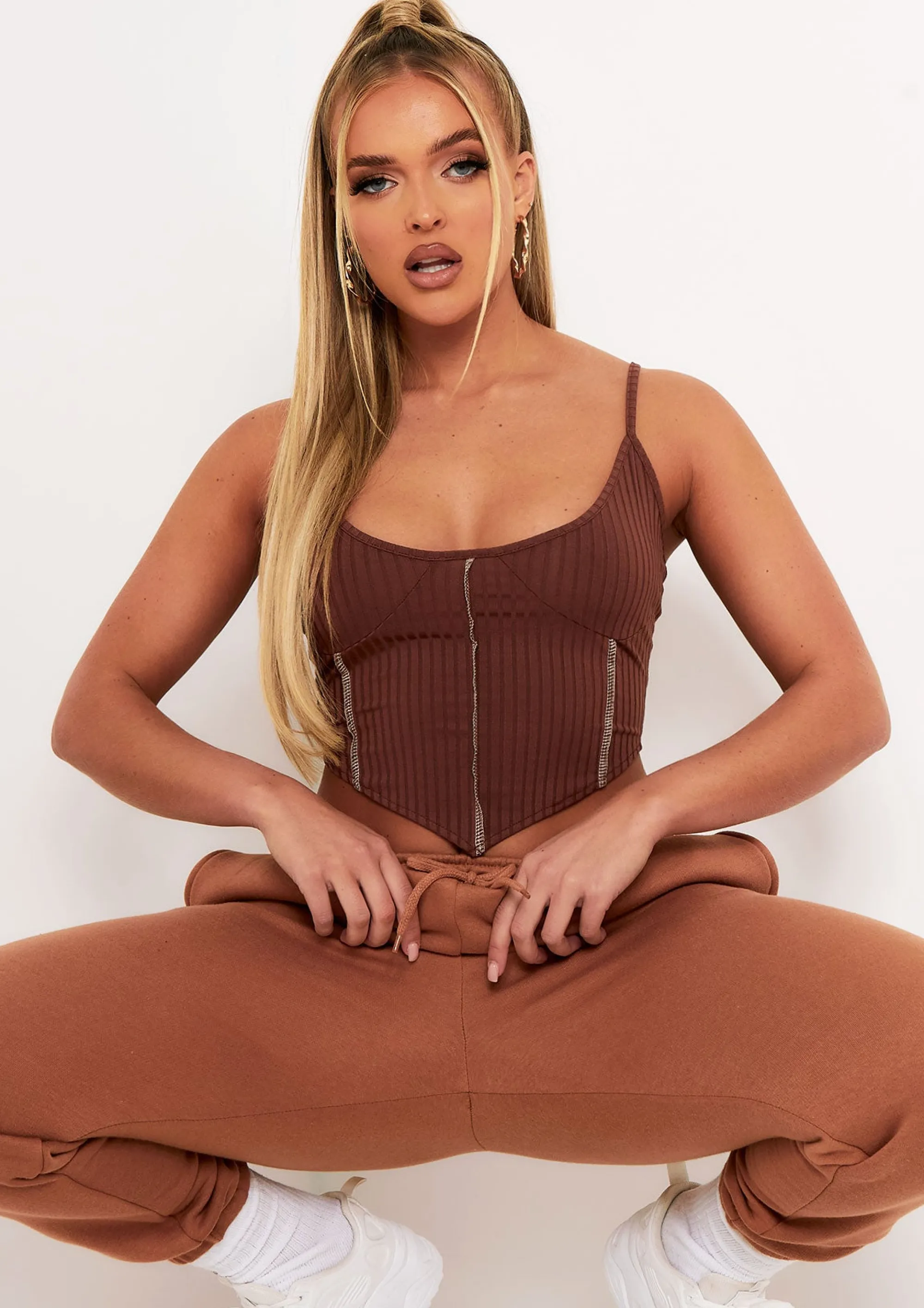 Missy Empire Natalya Chocolate Rib Contrast Stitch Corset Top Clearance