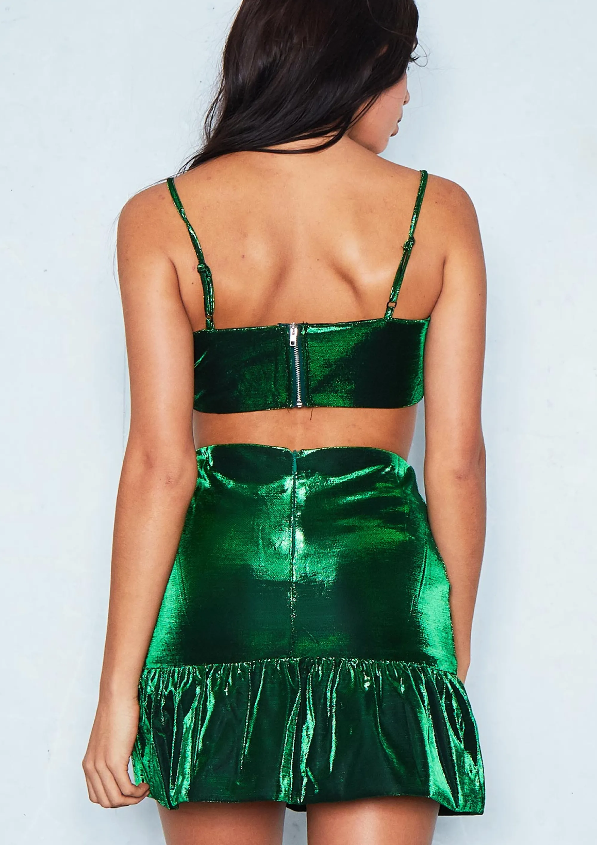 Missy Empire Natasha Green Metallic Crop & Skirt Co-Ord Set Clearance