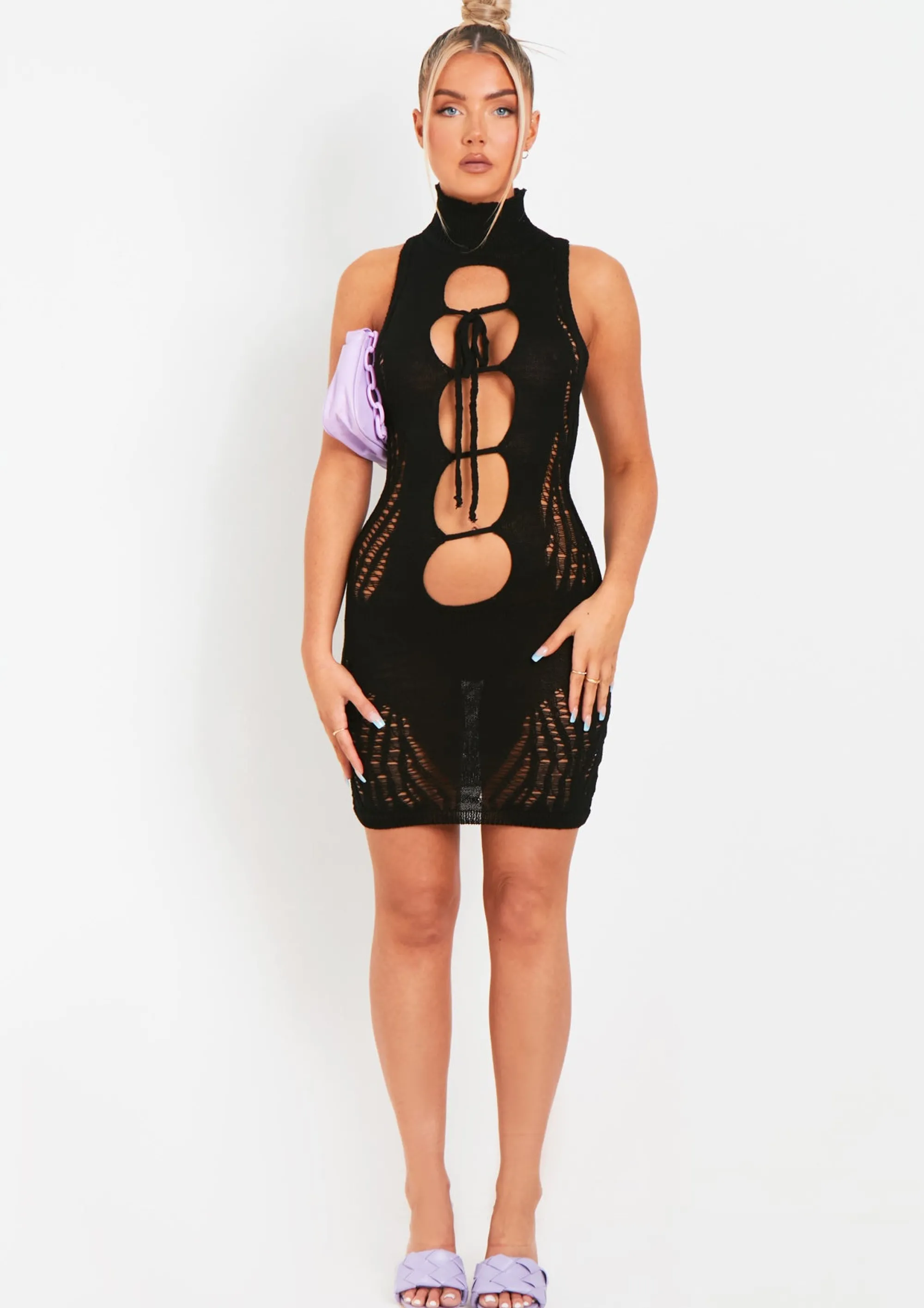 Missy Empire Naya Black Cut Out Laddered Mini Dress^Women Dresses