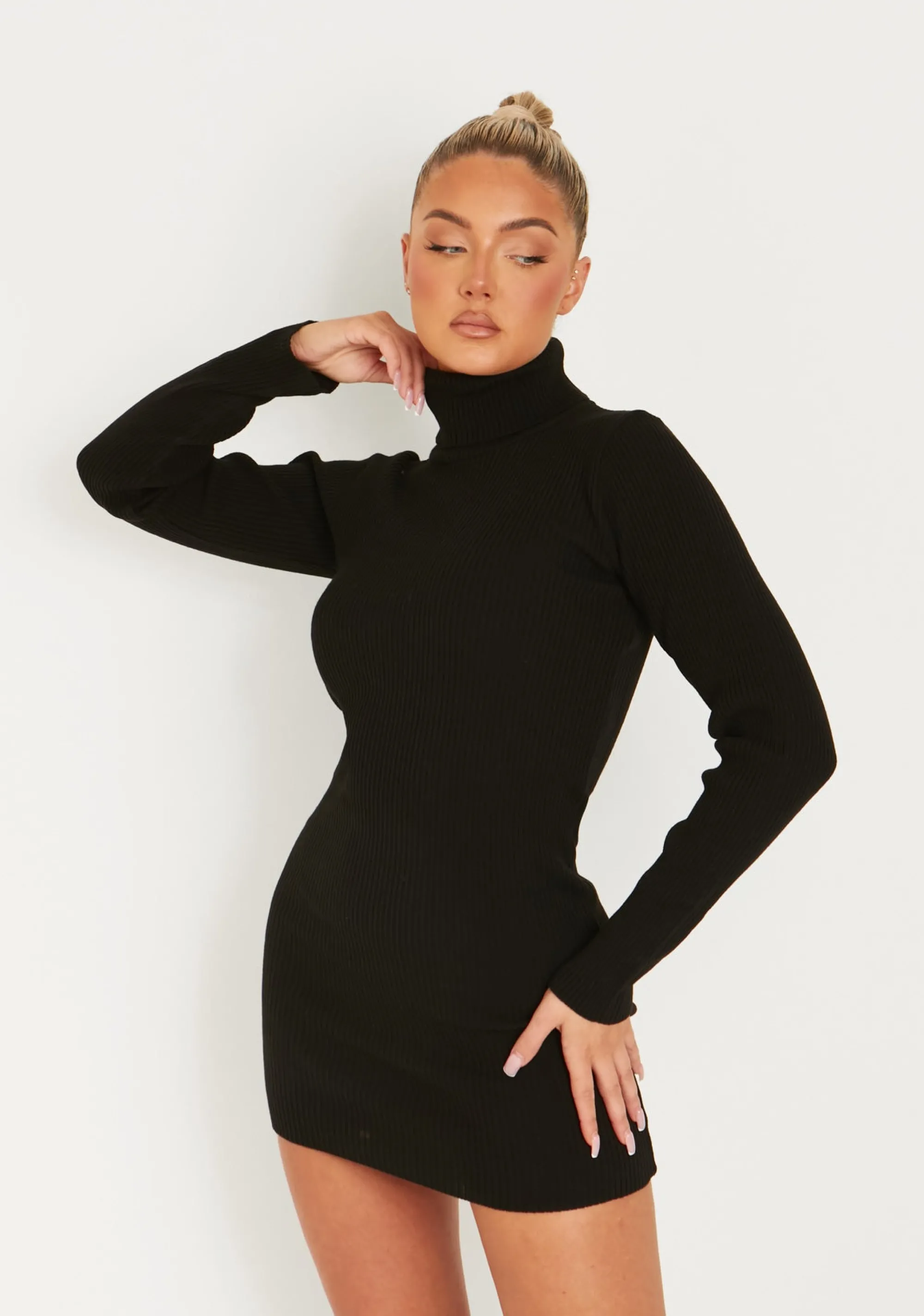 Missy Empire Nikita Black Roll Neck Knitted Mini Dress^Women Dresses