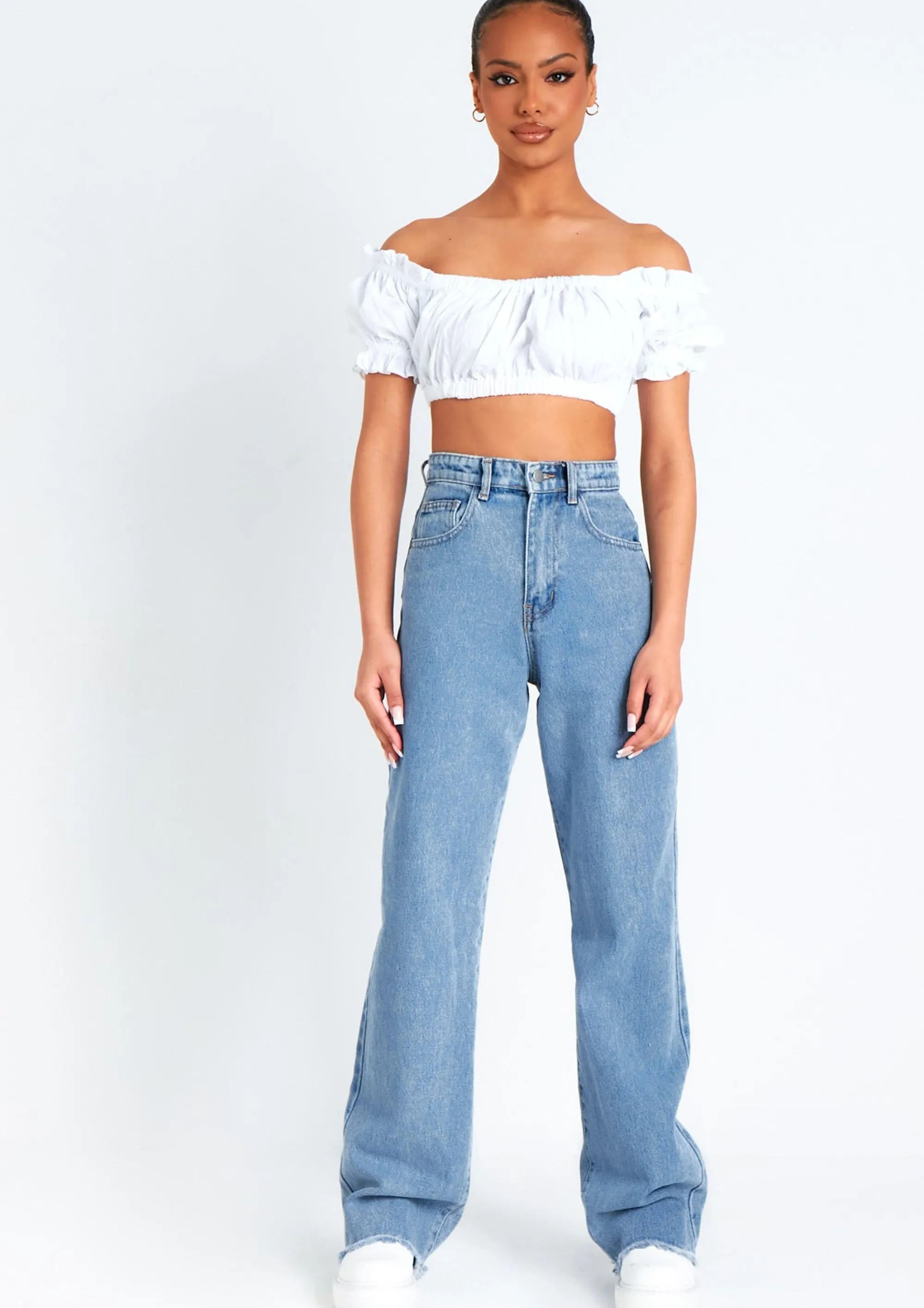 Missy Empire Nola Ivory Ruched Bardot Crop Top Outlet