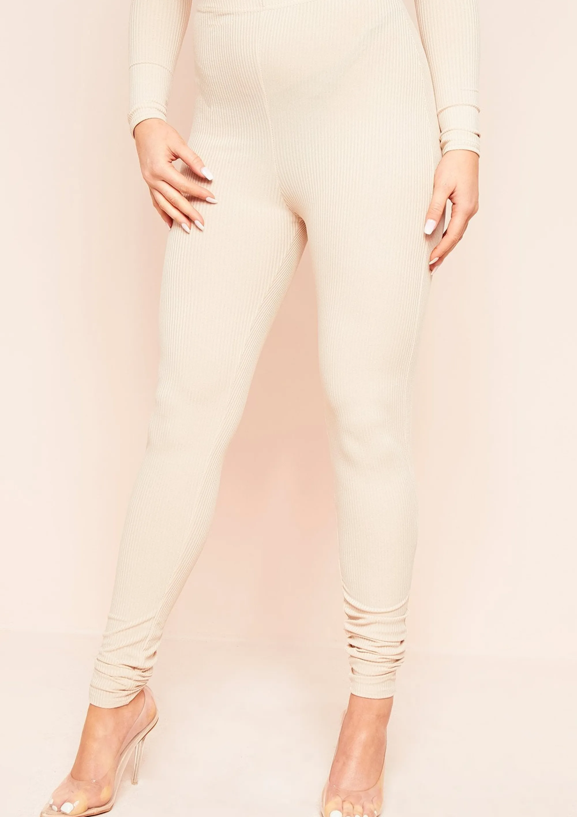 Missy Empire Nova Beige Plain Ribbed Leggings^Women Leggings