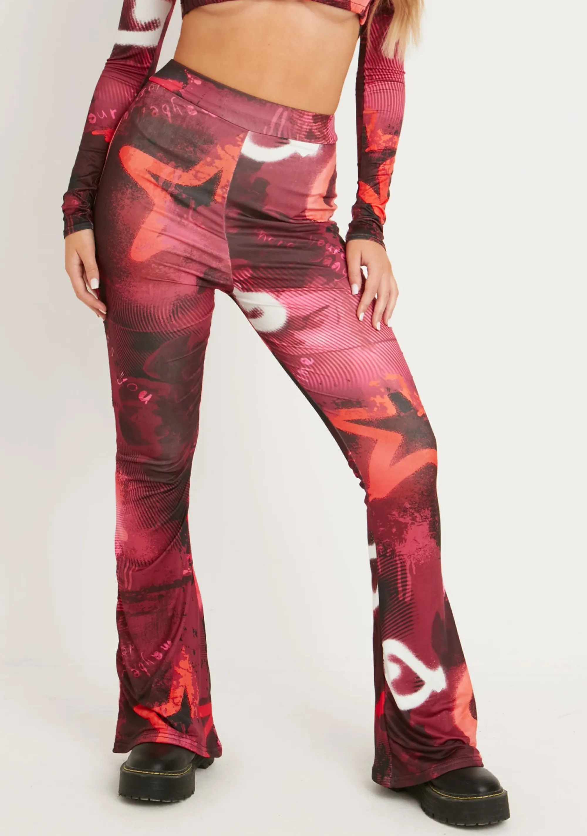 Missy Empire Odette Graffiti Print Flared Trousers^Women Trousers