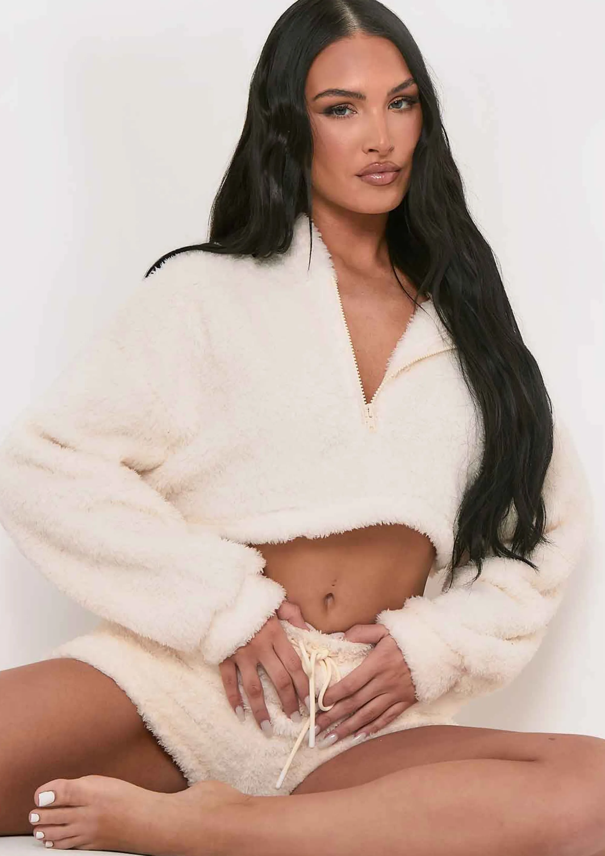 Missy Empire Olivia Cream Fluffy Teddy Borg Cropped Zip Up Hoodie^Women Nightwear