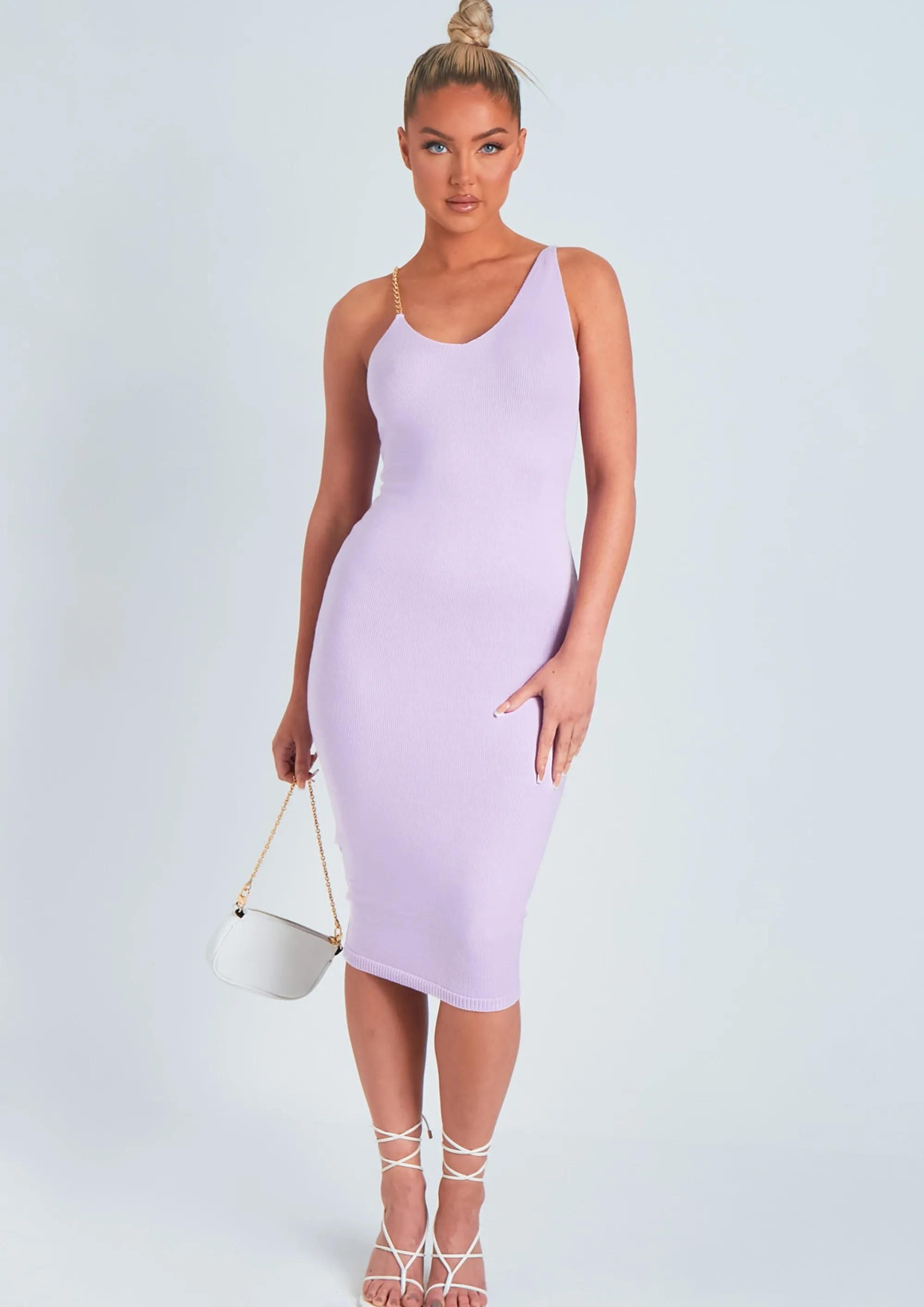 Missy Empire Olivia Lilac Chain Strap Knitted Midi Dress^Women Dresses