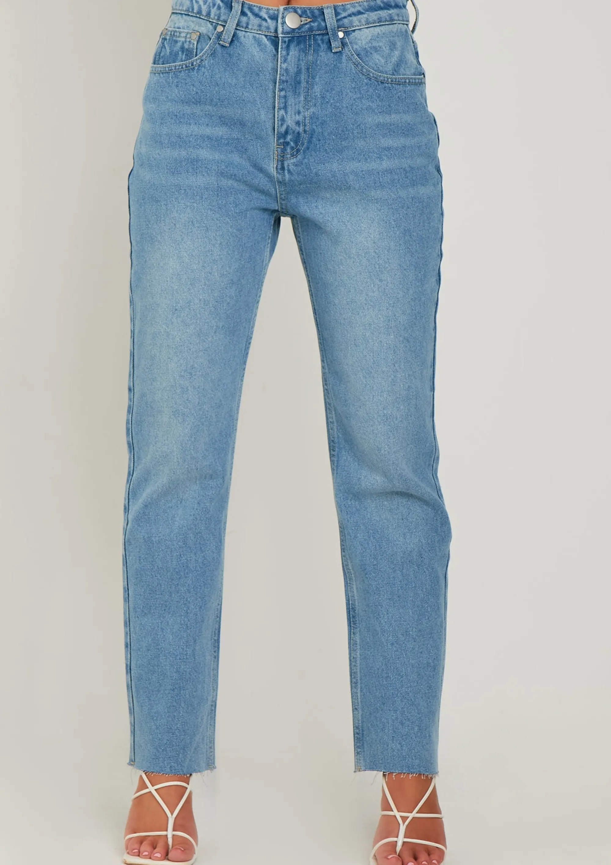 Missy Empire Olivia Mid Wash Blue Raw Hem Denim Mom Jeans Best Sale