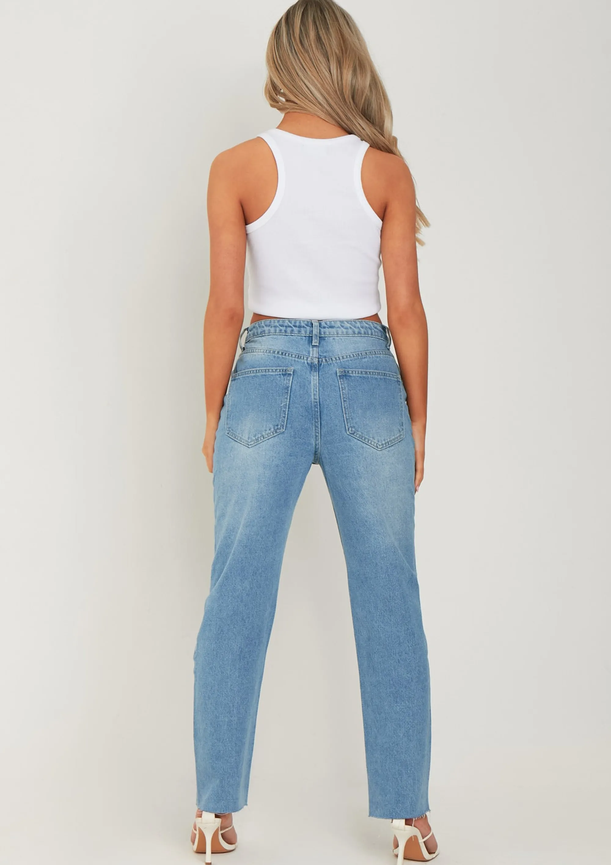 Missy Empire Olivia Mid Wash Blue Raw Hem Denim Mom Jeans Best Sale