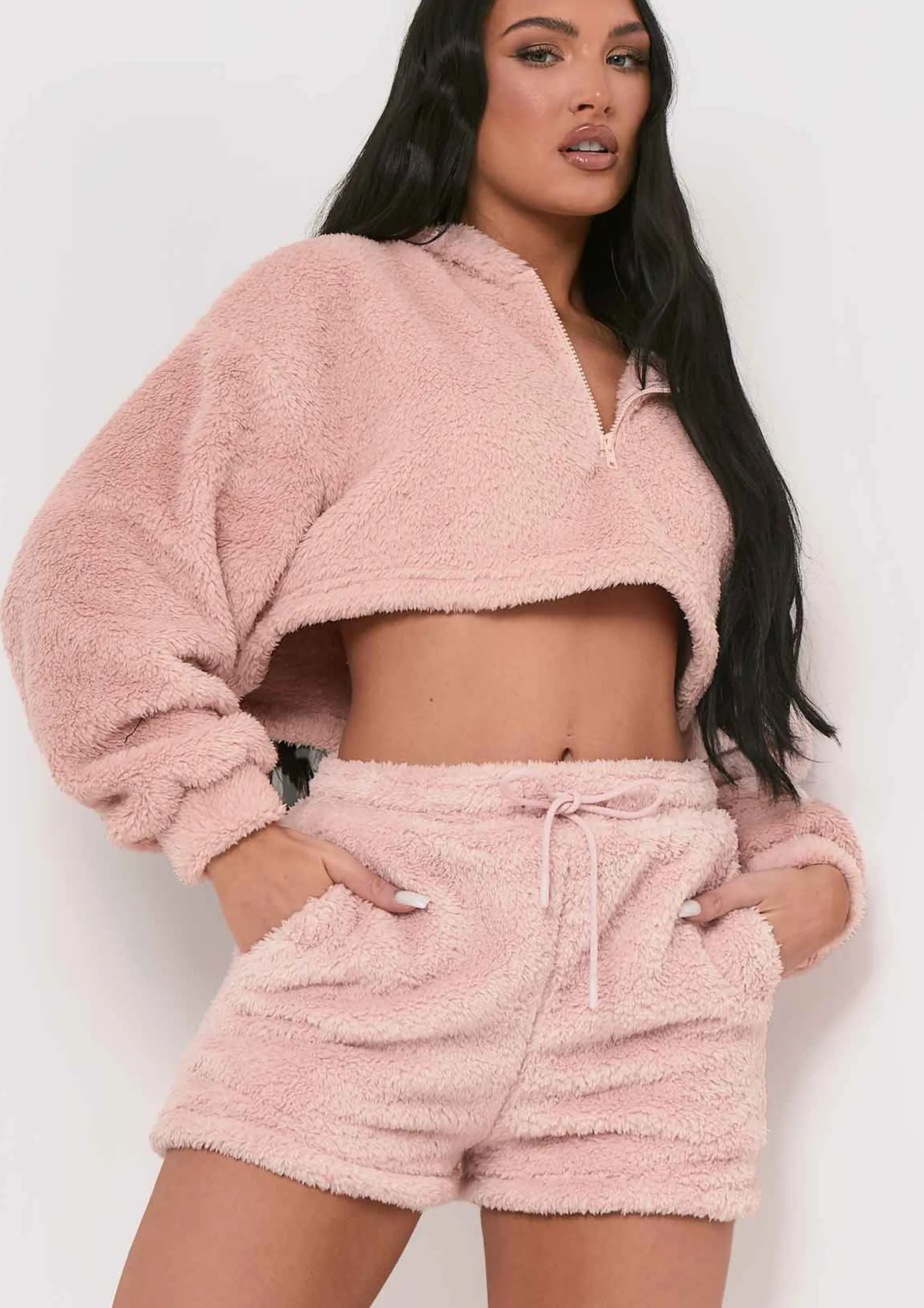 Missy Empire Olivia Pink Fluffy Teddy Borg Cropped Zip Up Hoodie^Women Nightwear