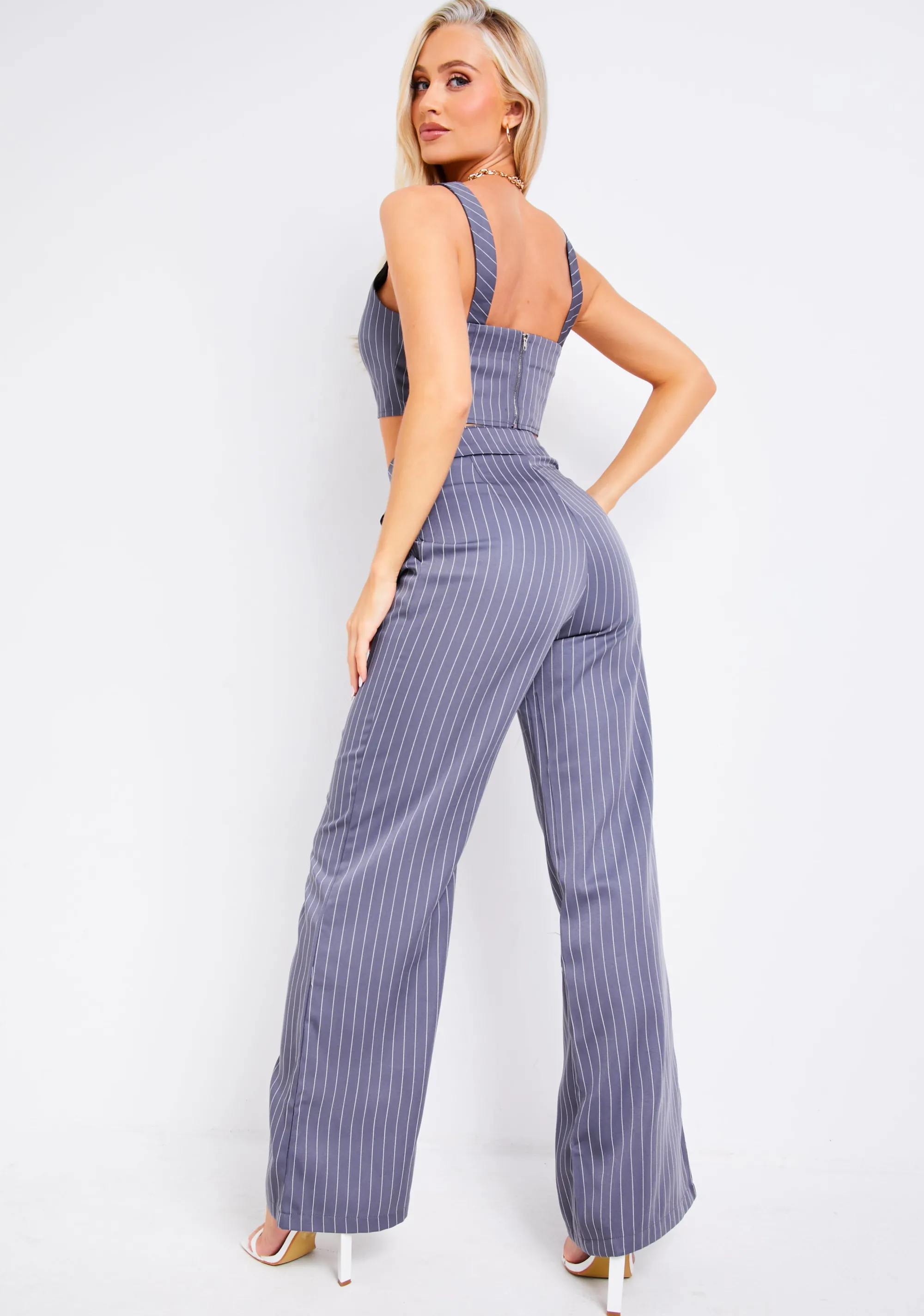 Missy Empire Paris Pinstripe Grey Tailored Relaxed Fit Trouser^Women Trousers