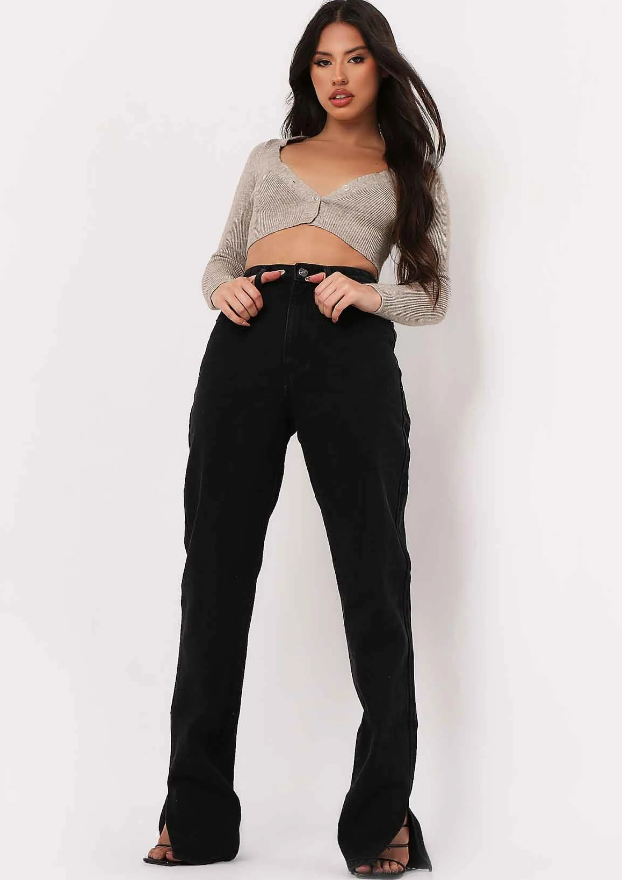 Missy Empire Perrie Black Straight Leg Split Detail Jeans Clearance