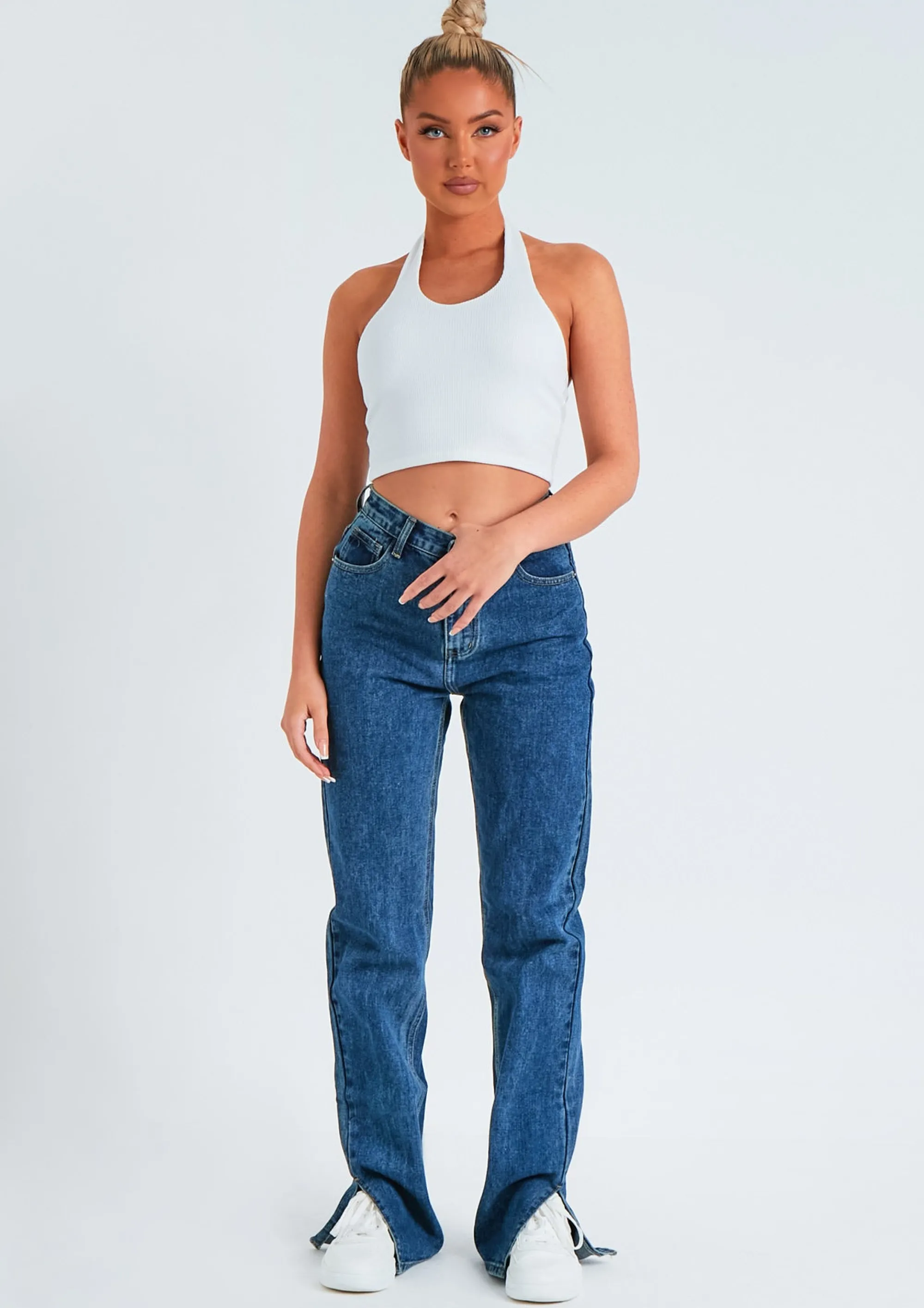 Missy Empire Perrie Dark Blue Denim Straight Leg Split Detail Jeans Sale