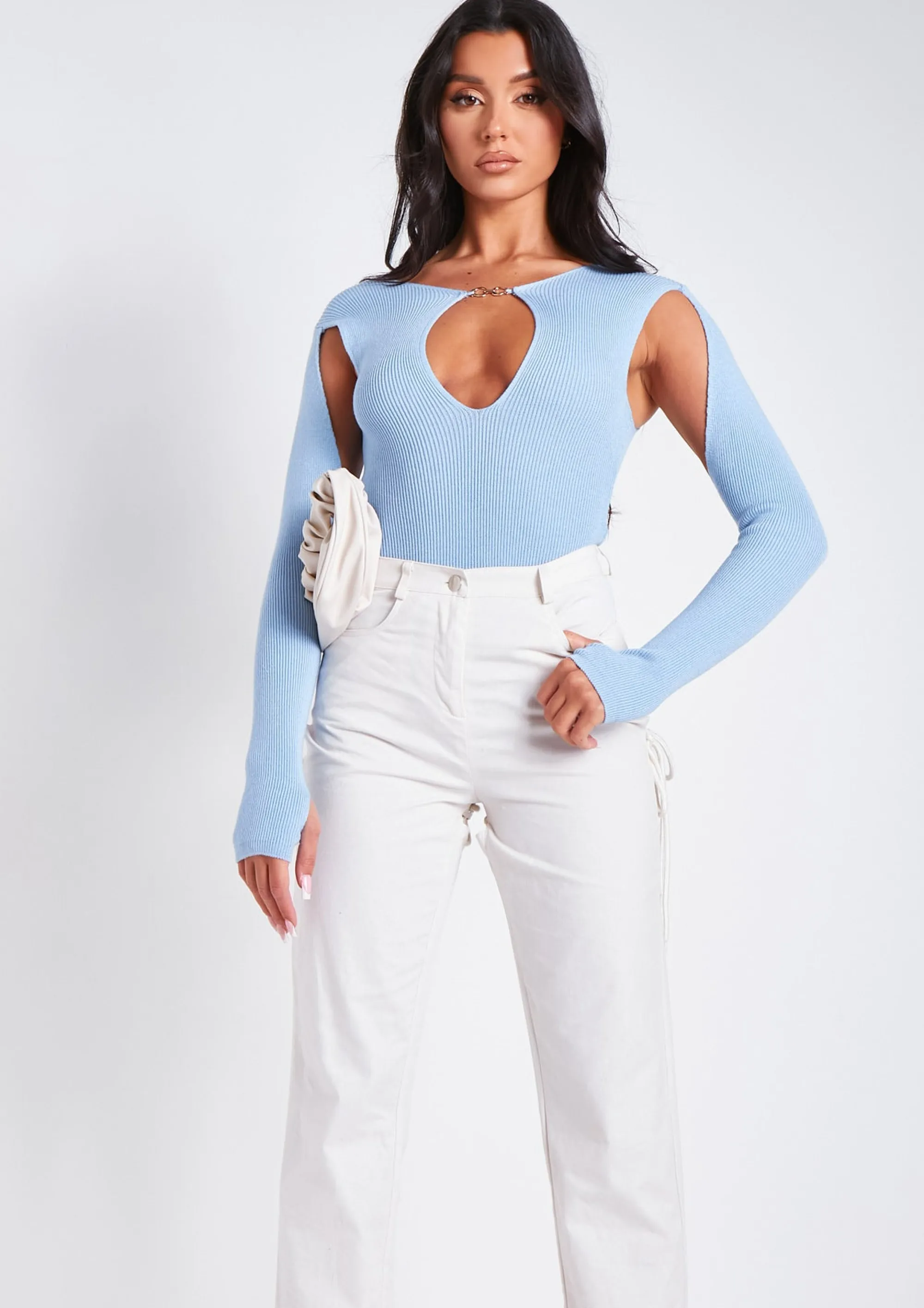 Missy Empire Phoebe Blue Cut Out Detail Knitted Bodysuit Hot