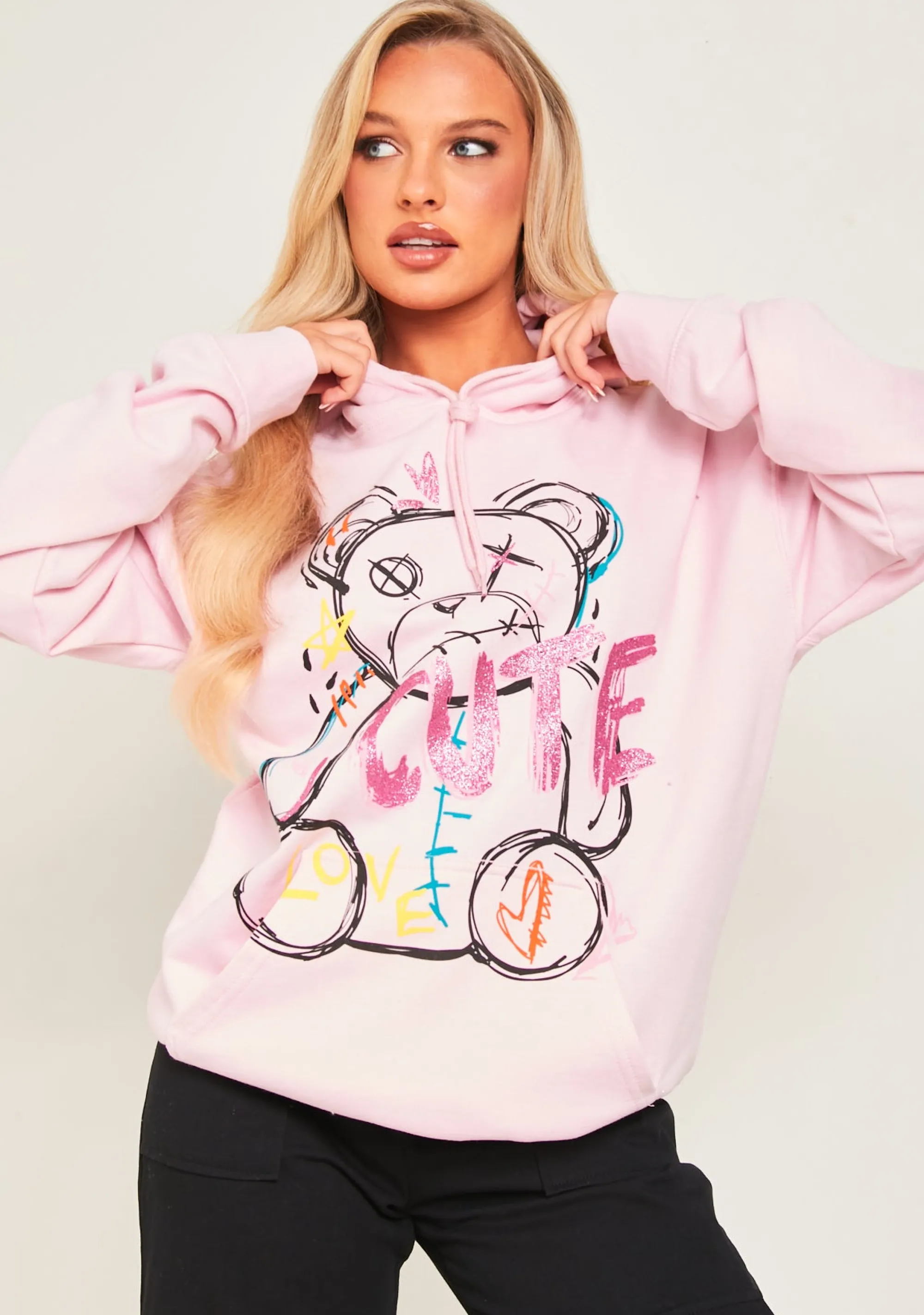 Missy Empire Pippa Baby Pink Bear Print Graffiti Hoodie Hot