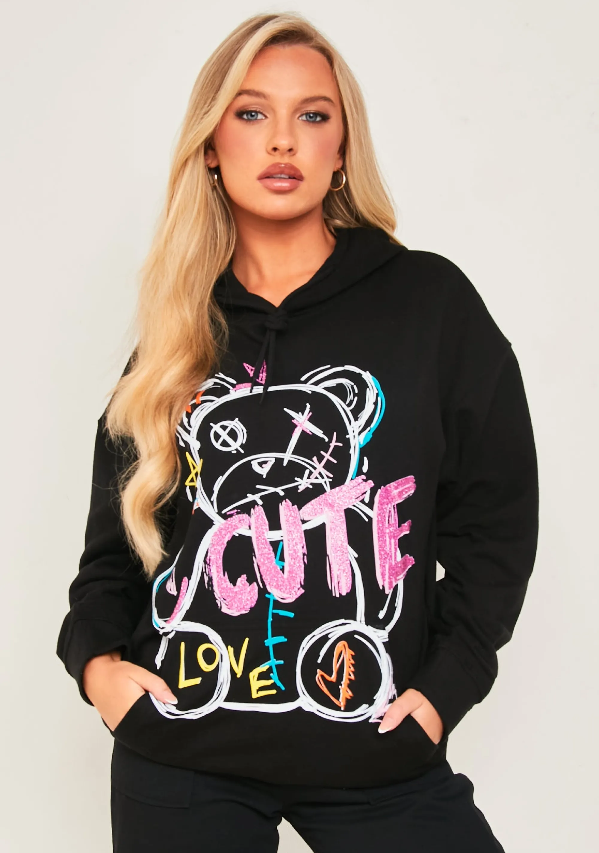 Missy Empire Pippa Black Bear Print Graffiti Hoodie Fashion