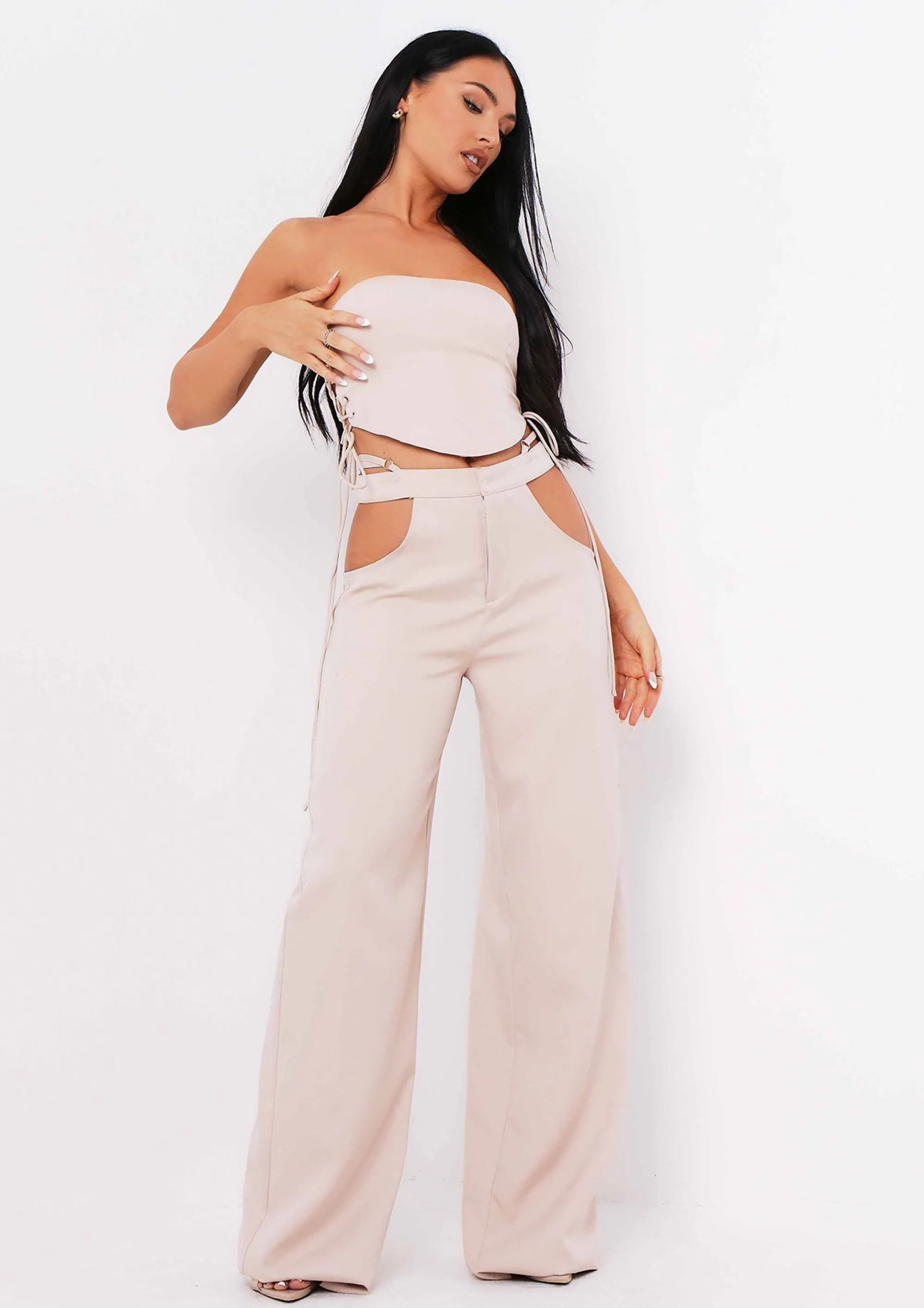 Missy Empire Polly Sand Cut Out Side Wide Leg Trousers^Women Trousers