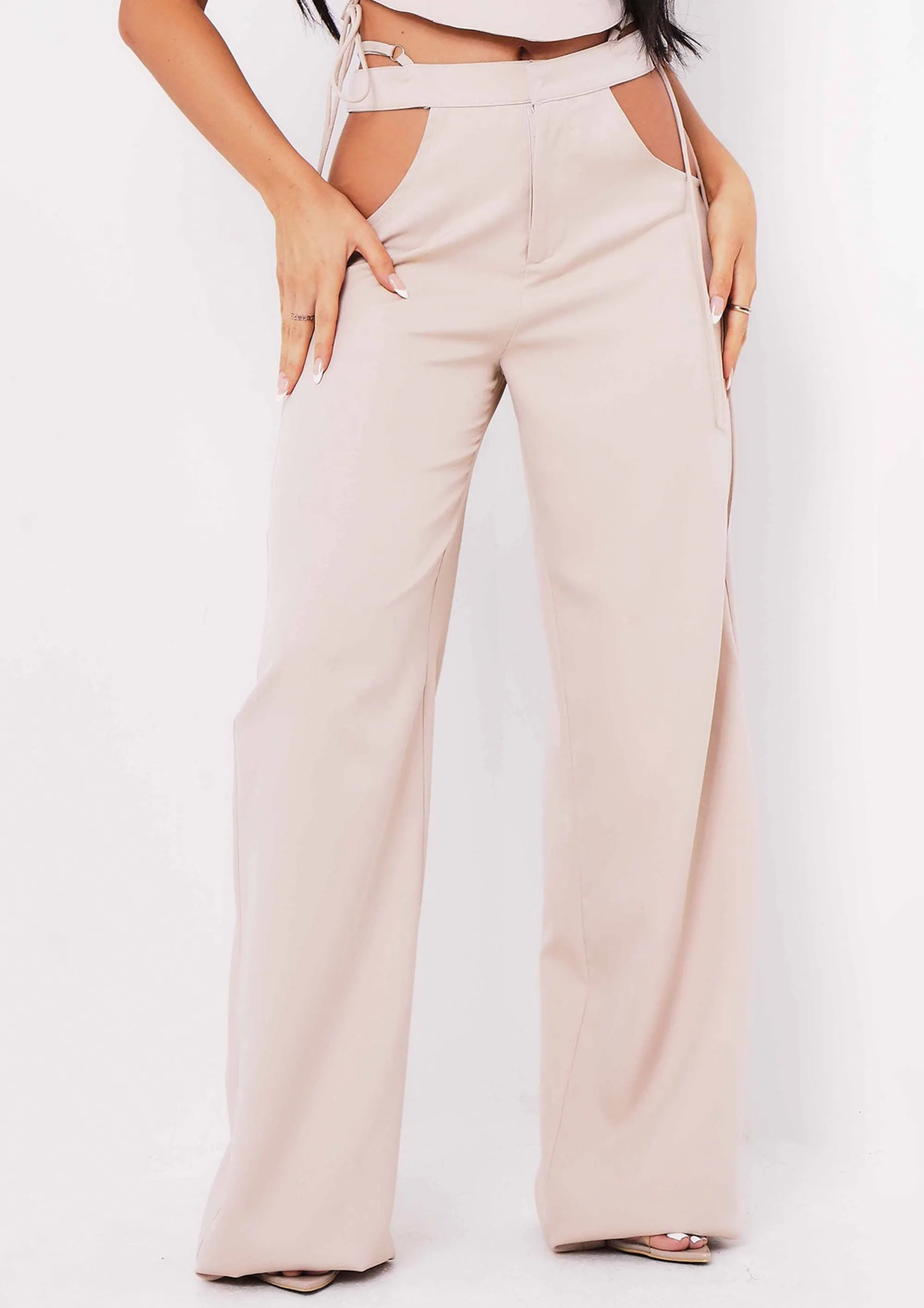 Missy Empire Polly Sand Cut Out Side Wide Leg Trousers^Women Trousers